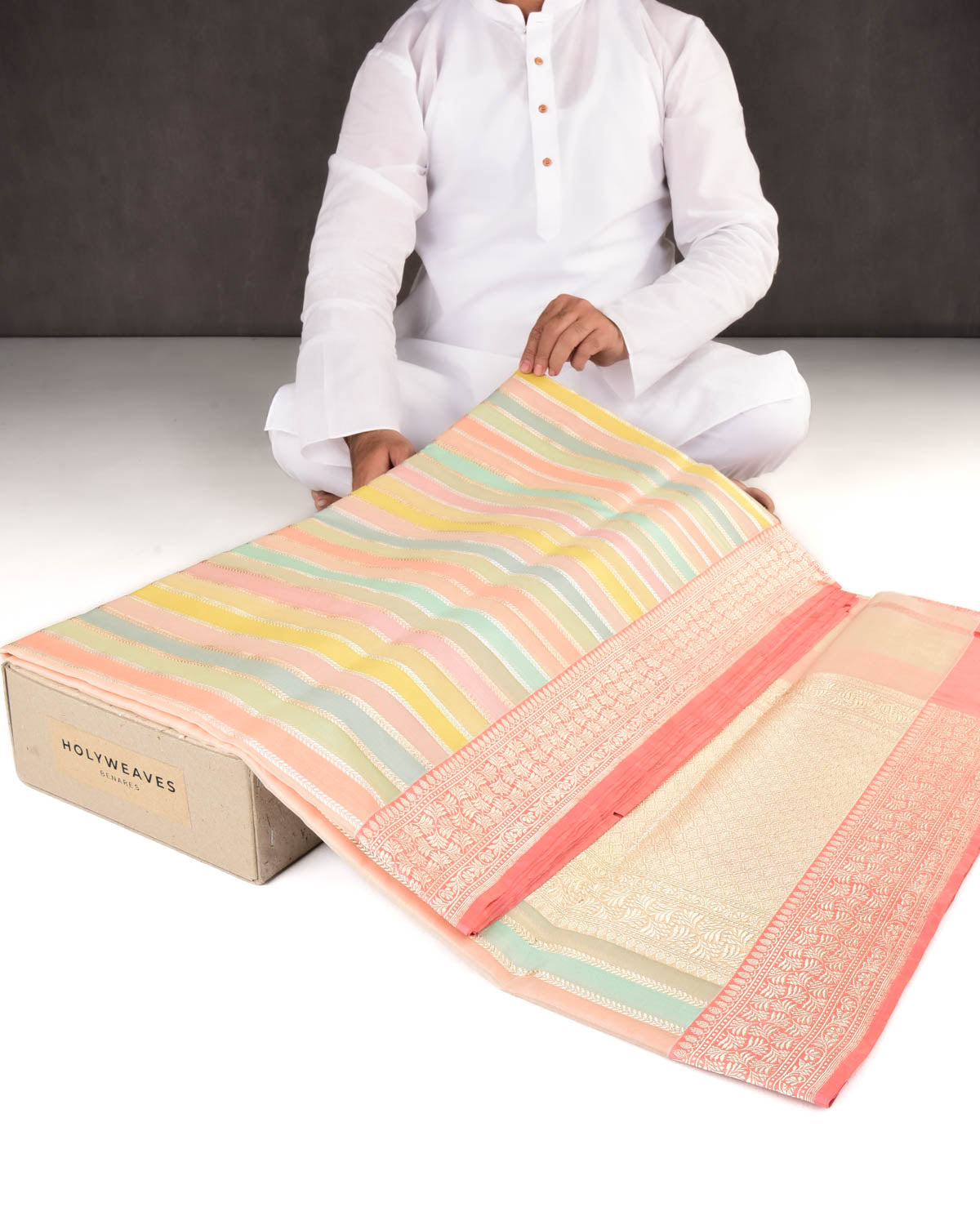 Multi-color Banarasi Candy Stripes Kadhuan Brocade Handwoven Kora Silk Saree-HolyWeaves