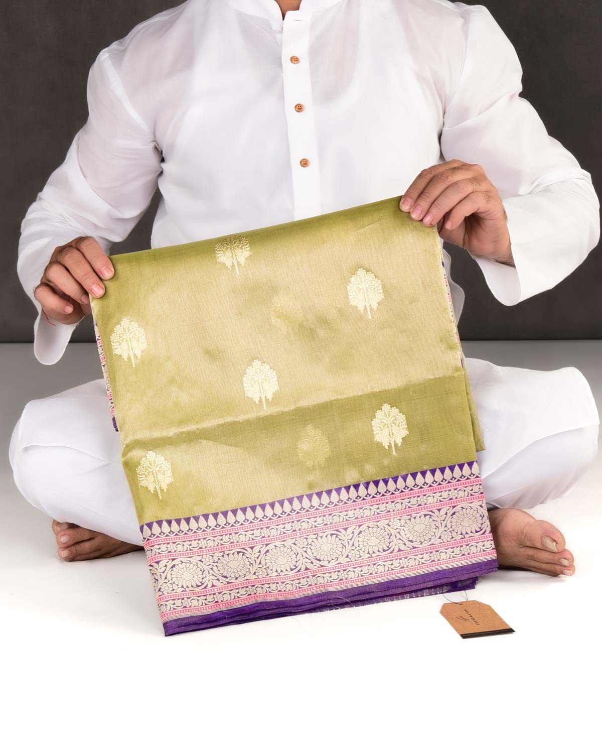 Metallic Artichoke Green Banarasi Gold Zari Buti Kadhuan Brocade Handwoven Kora Tissue Saree with Purple Silk Border Pallu-HolyWeaves