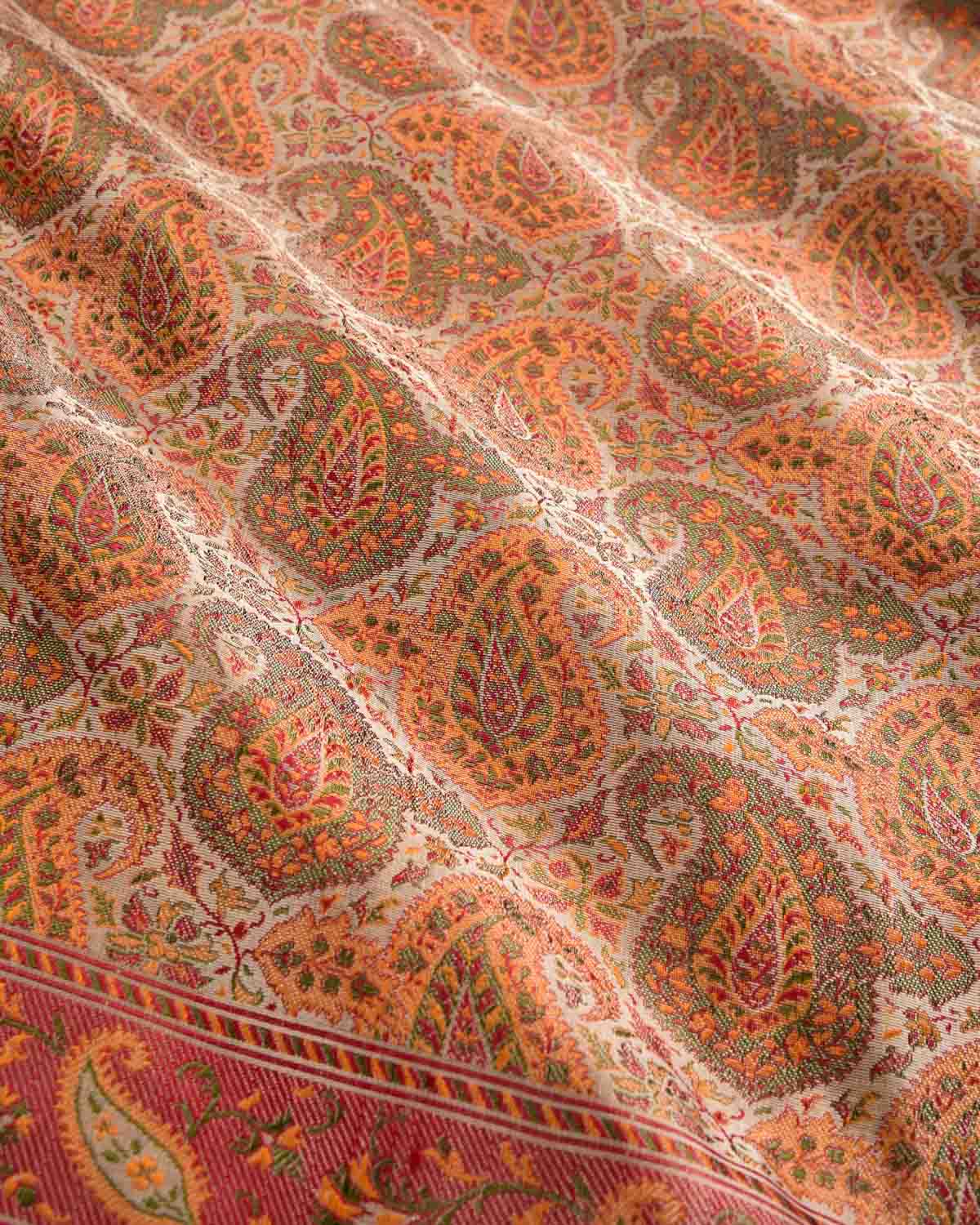 Beige Banarasi Paisley Tehri Jamawar Handwoven Katan Silk Saree-HolyWeaves