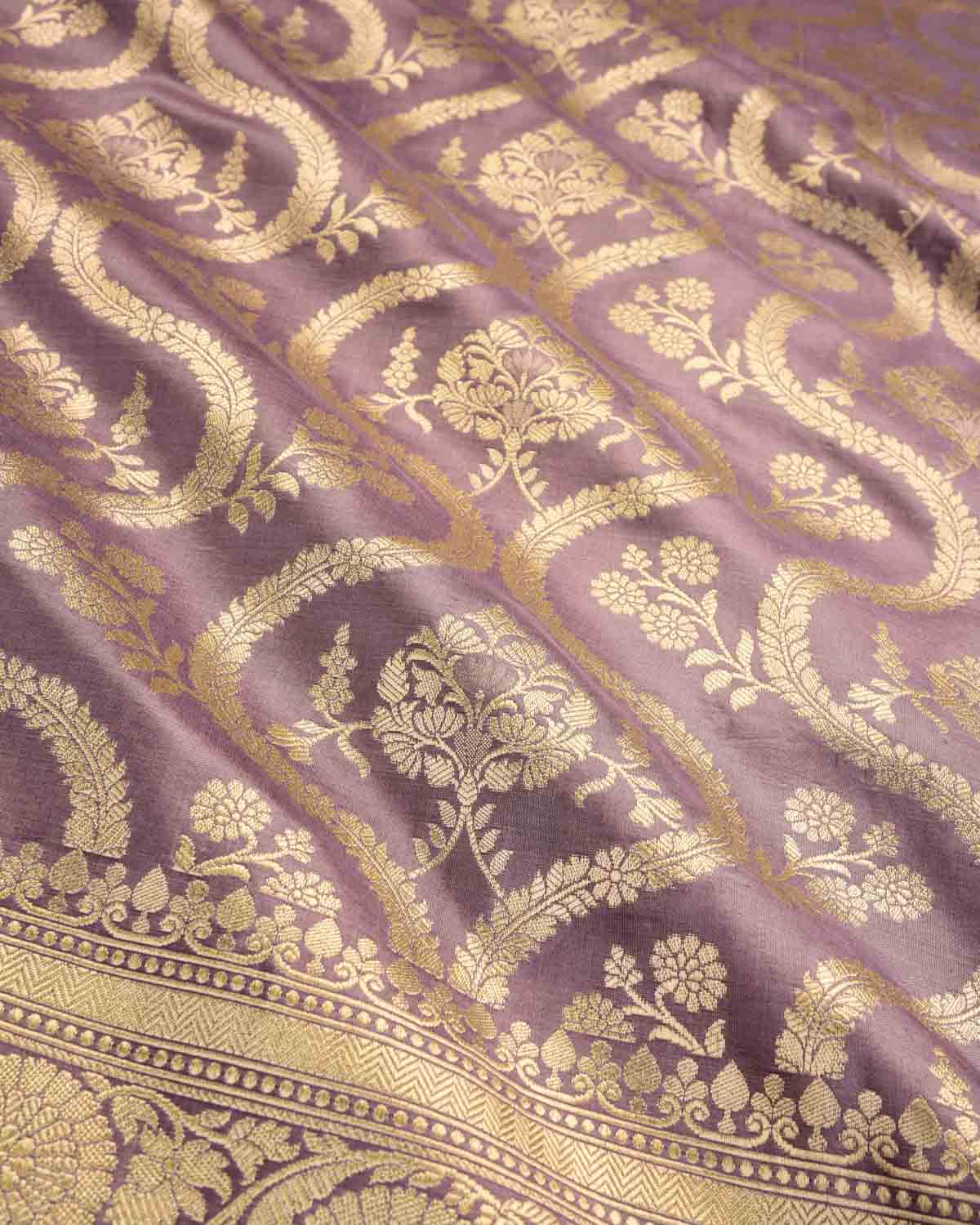English Lavender Banarasi Hold Zari Jangla Cutwork Brocade Handwoven Katan Silk Saree-HolyWeaves