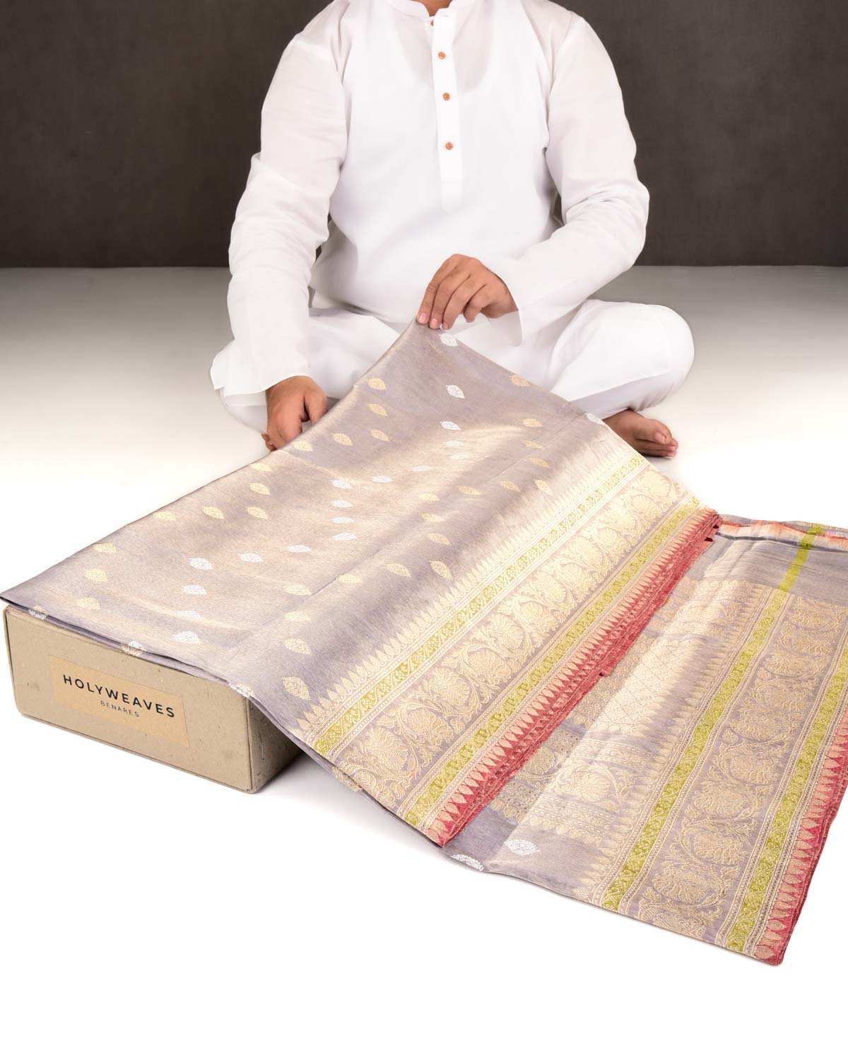 Metallic Blue Banarasi Sona Rupa Buti Chevron Kadhuan Brocade Handwoven Katan Tissue Saree-HolyWeaves