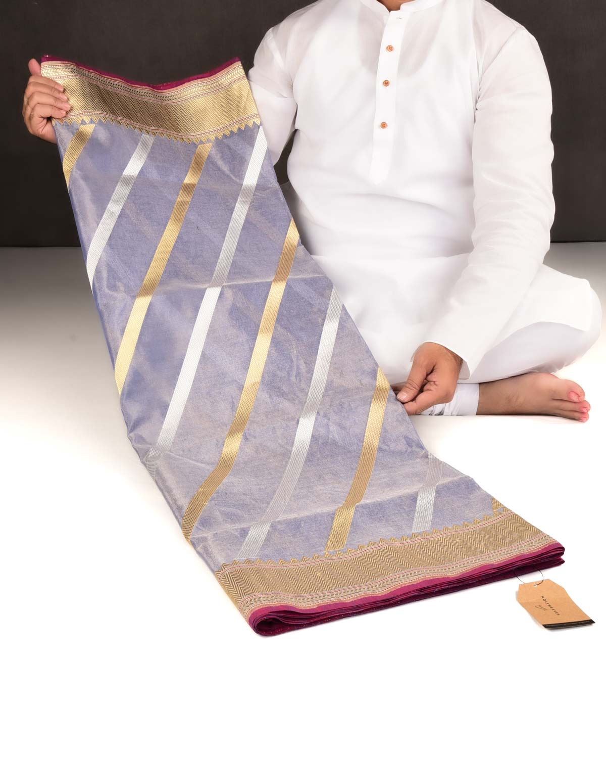 Metallic Blue Banarasi Gold & Silver Zari Diagonal Stripes Kadhuan Brocade Handwoven Kora Tissue Saree-HolyWeaves