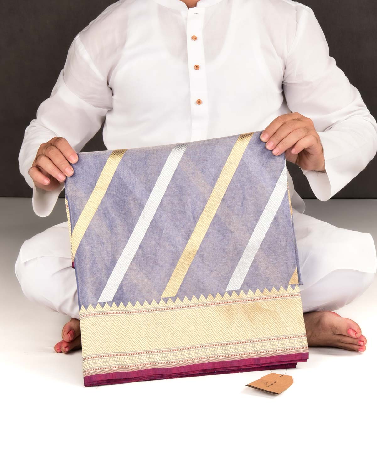 Metallic Blue Banarasi Gold & Silver Zari Diagonal Stripes Kadhuan Brocade Handwoven Kora Tissue Saree-HolyWeaves