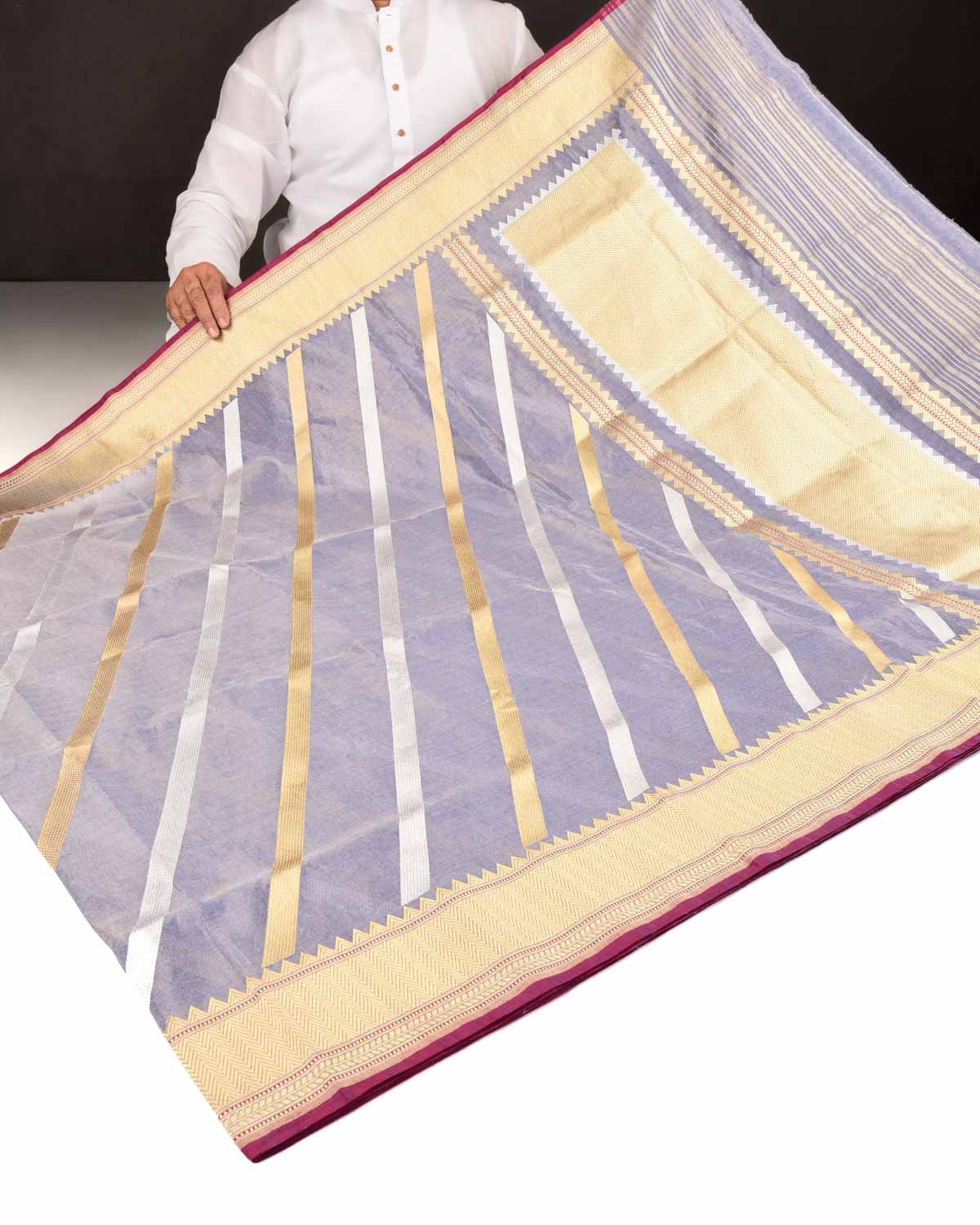 Metallic Blue Banarasi Gold & Silver Zari Diagonal Stripes Kadhuan Brocade Handwoven Kora Tissue Saree-HolyWeaves