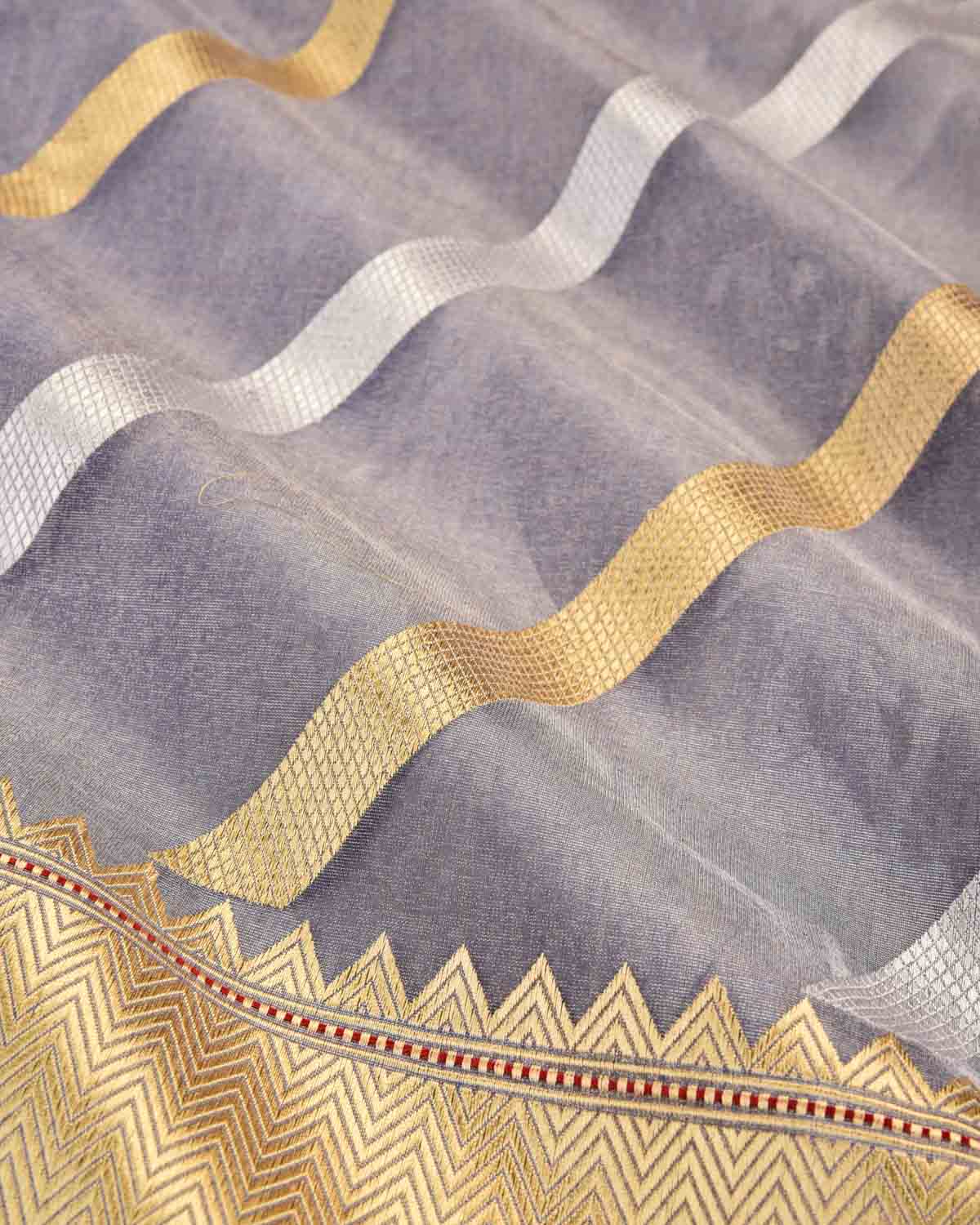 Metallic Blue Banarasi Gold & Silver Zari Diagonal Stripes Kadhuan Brocade Handwoven Kora Tissue Saree-HolyWeaves