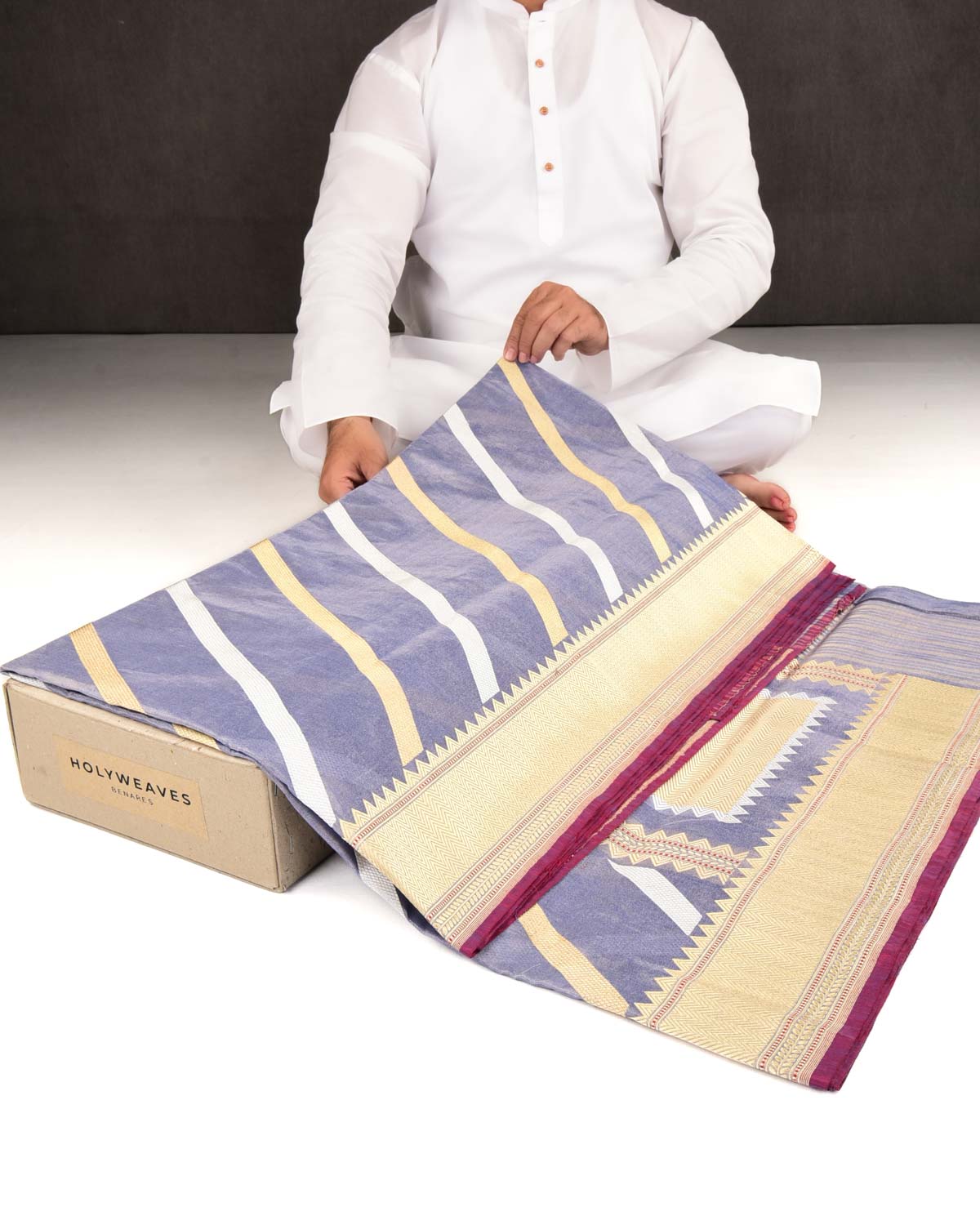 Metallic Blue Banarasi Gold & Silver Zari Diagonal Stripes Kadhuan Brocade Handwoven Kora Tissue Saree-HolyWeaves