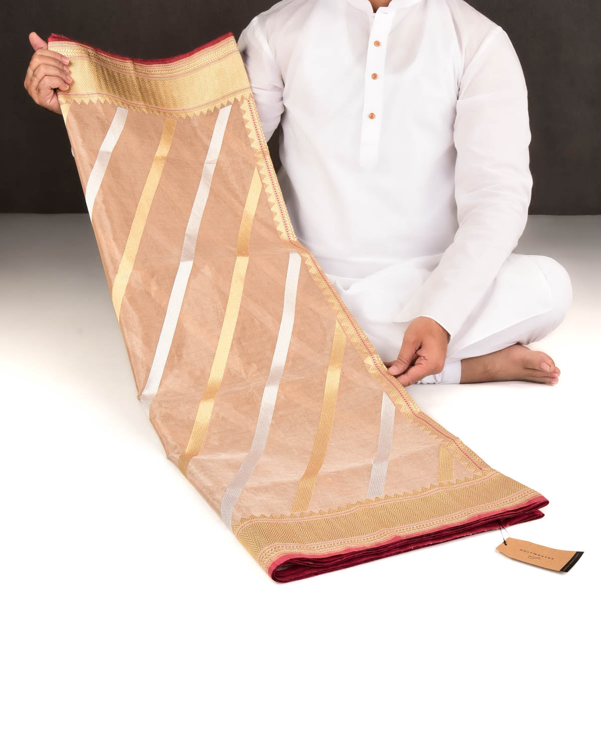 Metallic Beige Banarasi Gold & Silver Zari Diagonal Stripes Kadhuan Brocade Handwoven Kora Tissue Saree-HolyWeaves