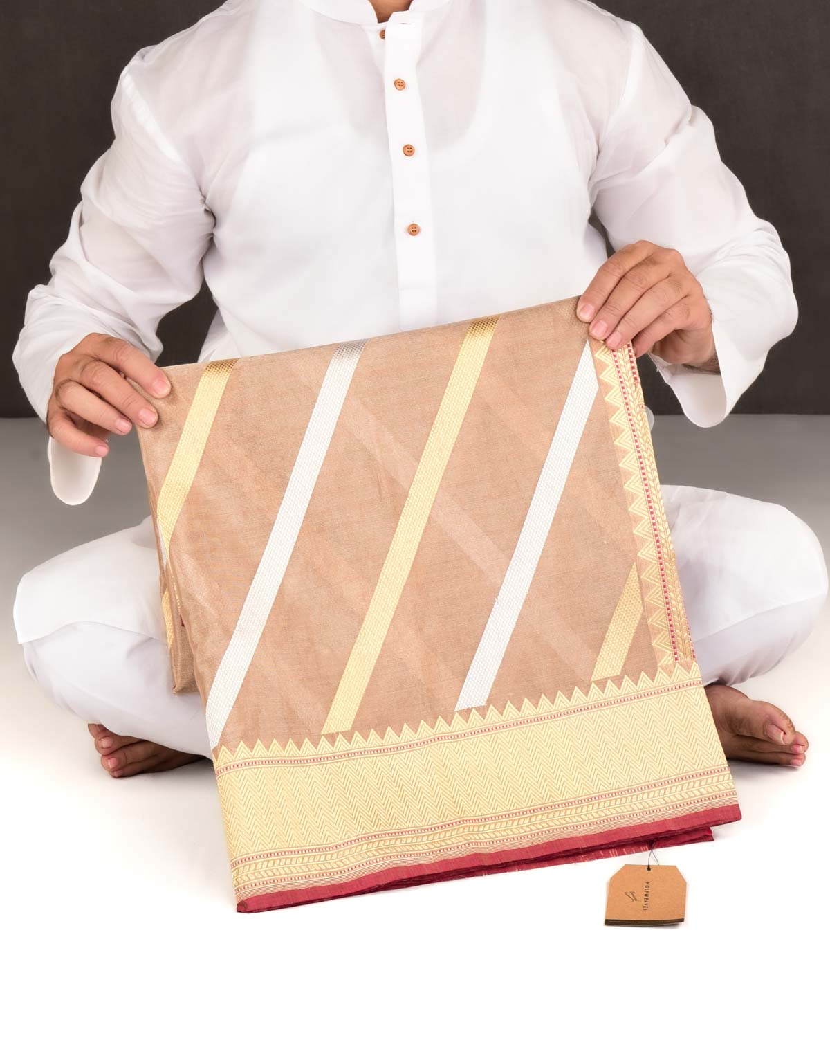 Metallic Beige Banarasi Gold & Silver Zari Diagonal Stripes Kadhuan Brocade Handwoven Kora Tissue Saree-HolyWeaves
