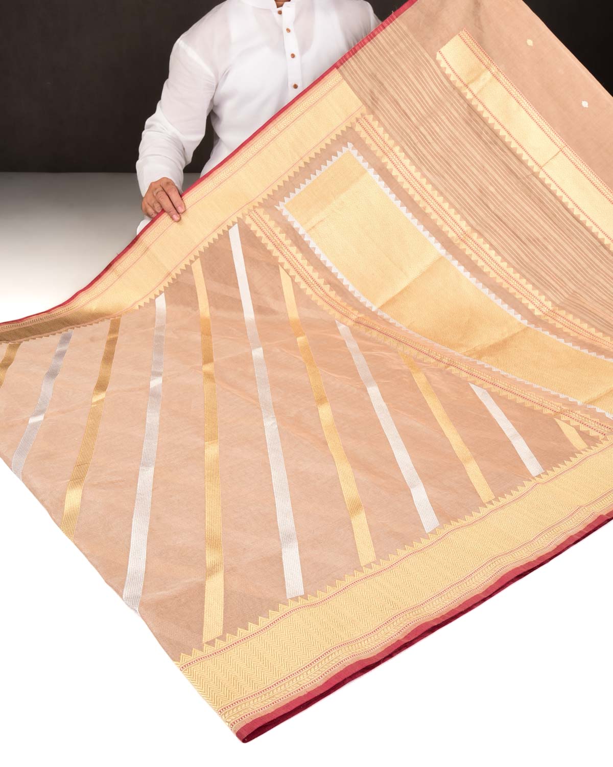 Metallic Beige Banarasi Gold & Silver Zari Diagonal Stripes Kadhuan Brocade Handwoven Kora Tissue Saree-HolyWeaves