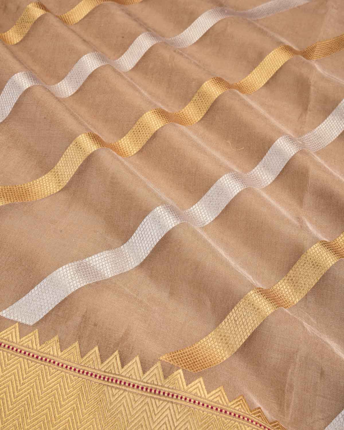 Metallic Beige Banarasi Gold & Silver Zari Diagonal Stripes Kadhuan Brocade Handwoven Kora Tissue Saree-HolyWeaves