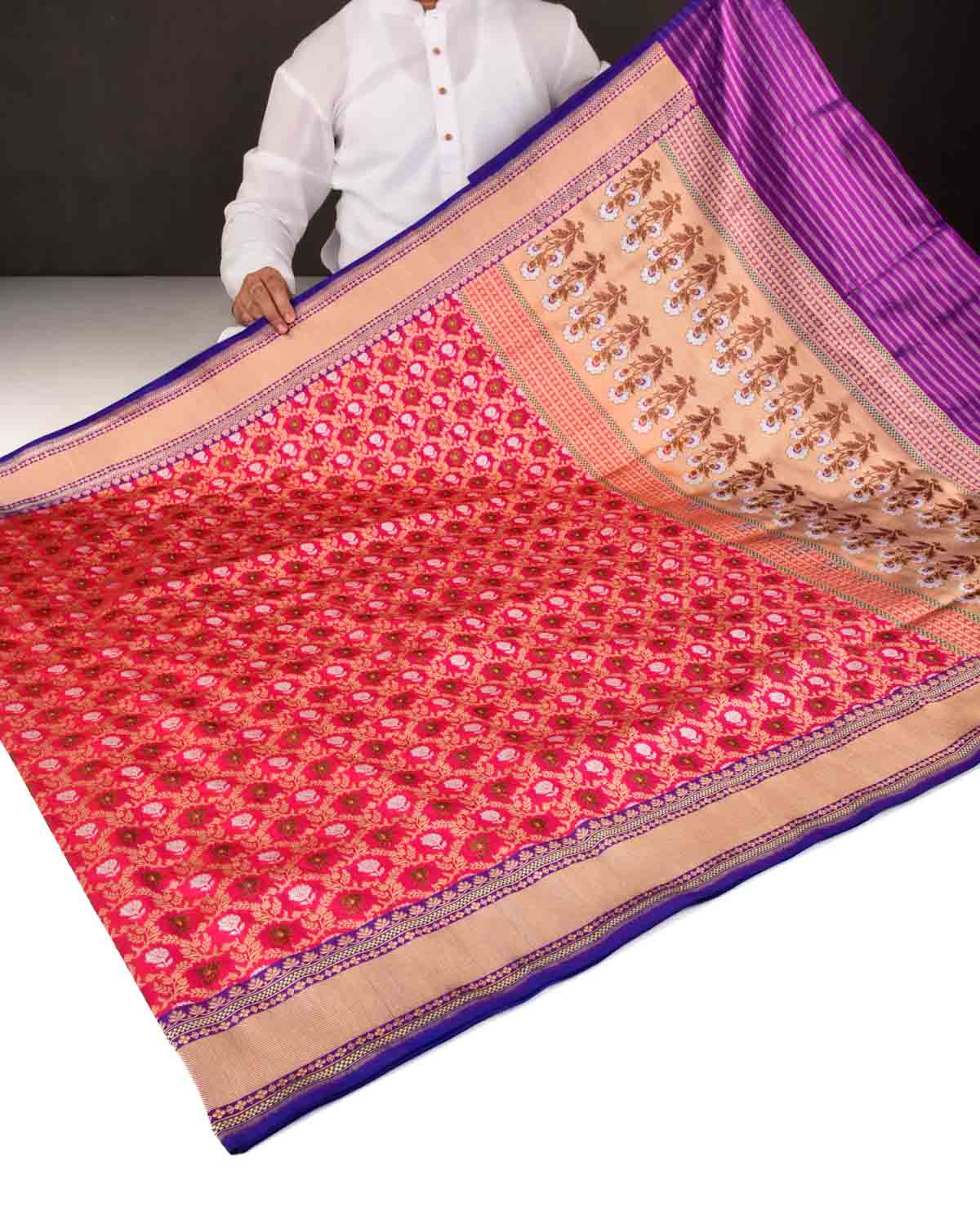 Rani Pink Banarasi Gold Antique & Silver Zari Jangla Cutwork Brocade Handwoven Katan Silk Saree-HolyWeaves