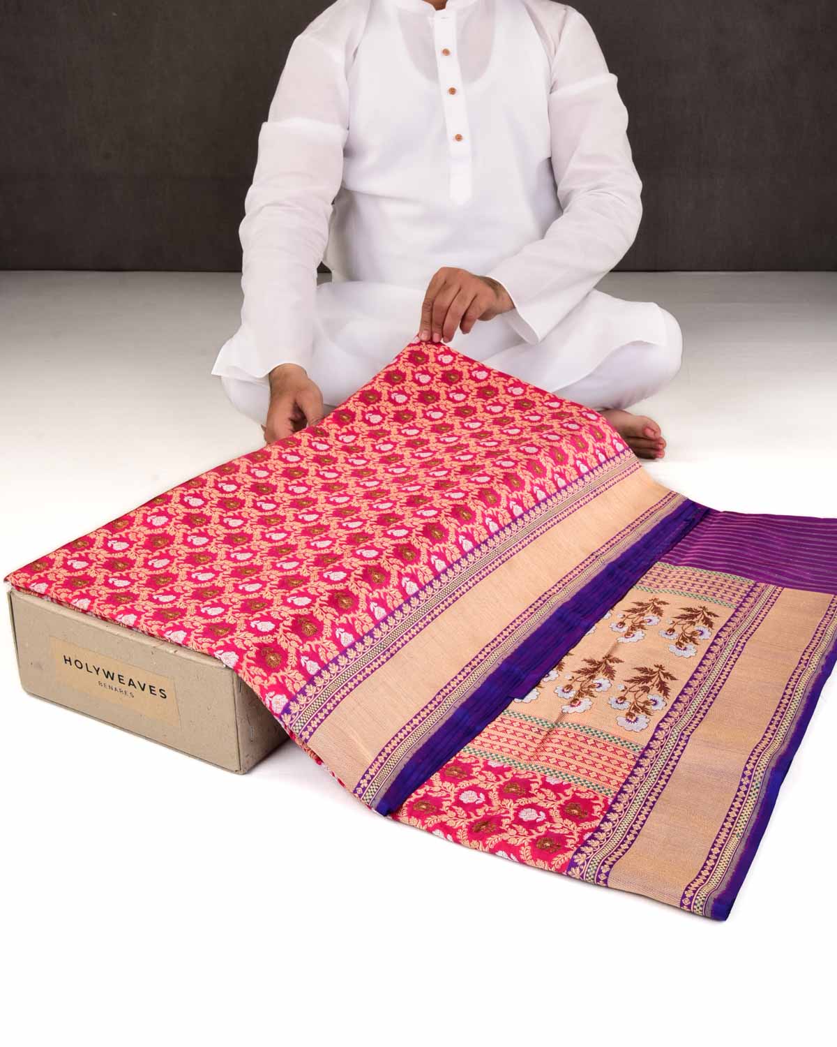 Rani Pink Banarasi Gold Antique & Silver Zari Jangla Cutwork Brocade Handwoven Katan Silk Saree-HolyWeaves