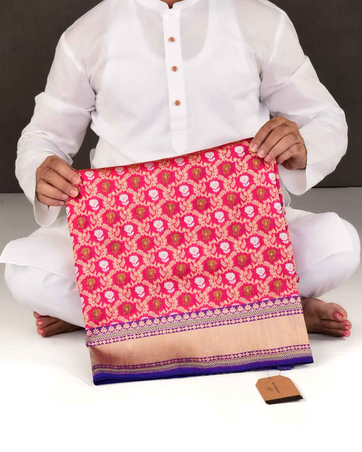 Rani Pink Banarasi Gold Antique & Silver Zari Jangla Cutwork Brocade Handwoven Katan Silk Saree-HolyWeaves