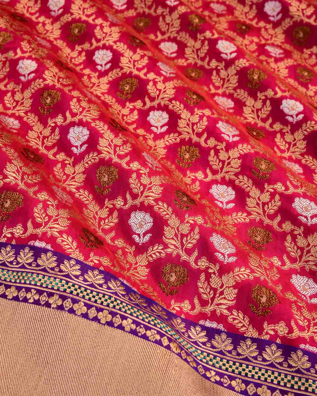 Rani Pink Banarasi Gold Antique & Silver Zari Jangla Cutwork Brocade Handwoven Katan Silk Saree-HolyWeaves