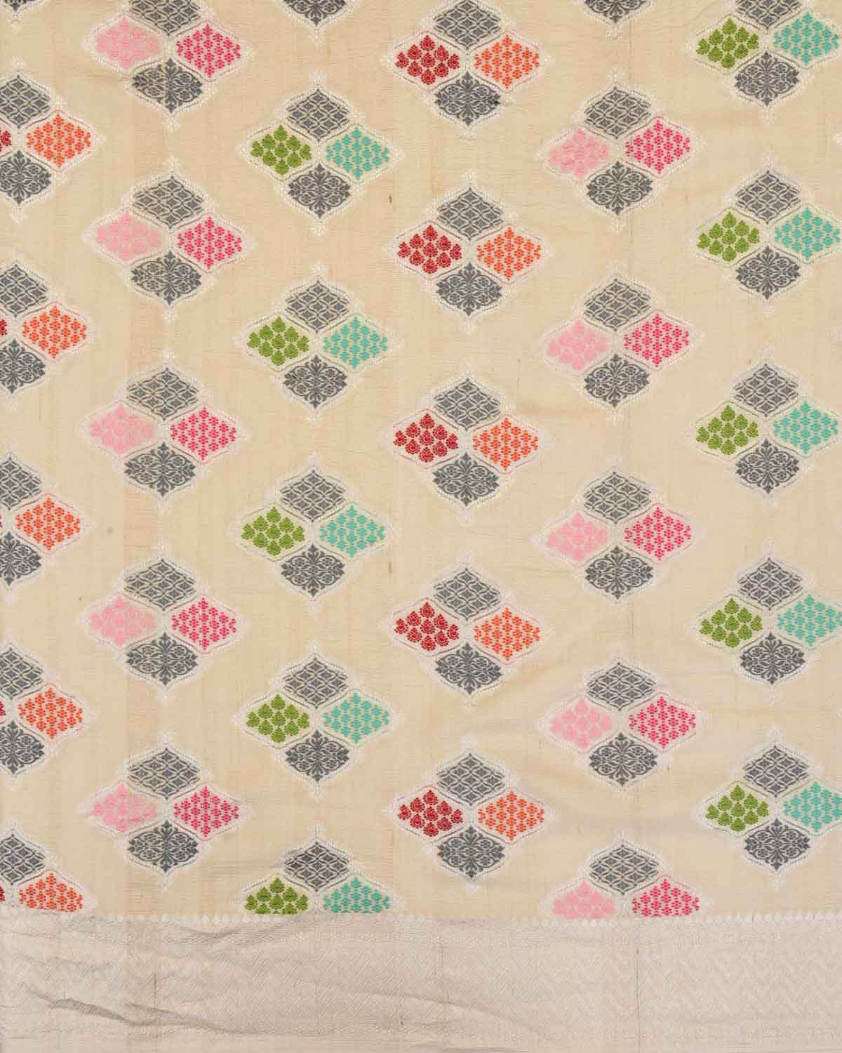 Beige Banarasi Multi-color Ornament Grids Cutwork Brocade Handwoven Tasar Georgette Saree-HolyWeaves