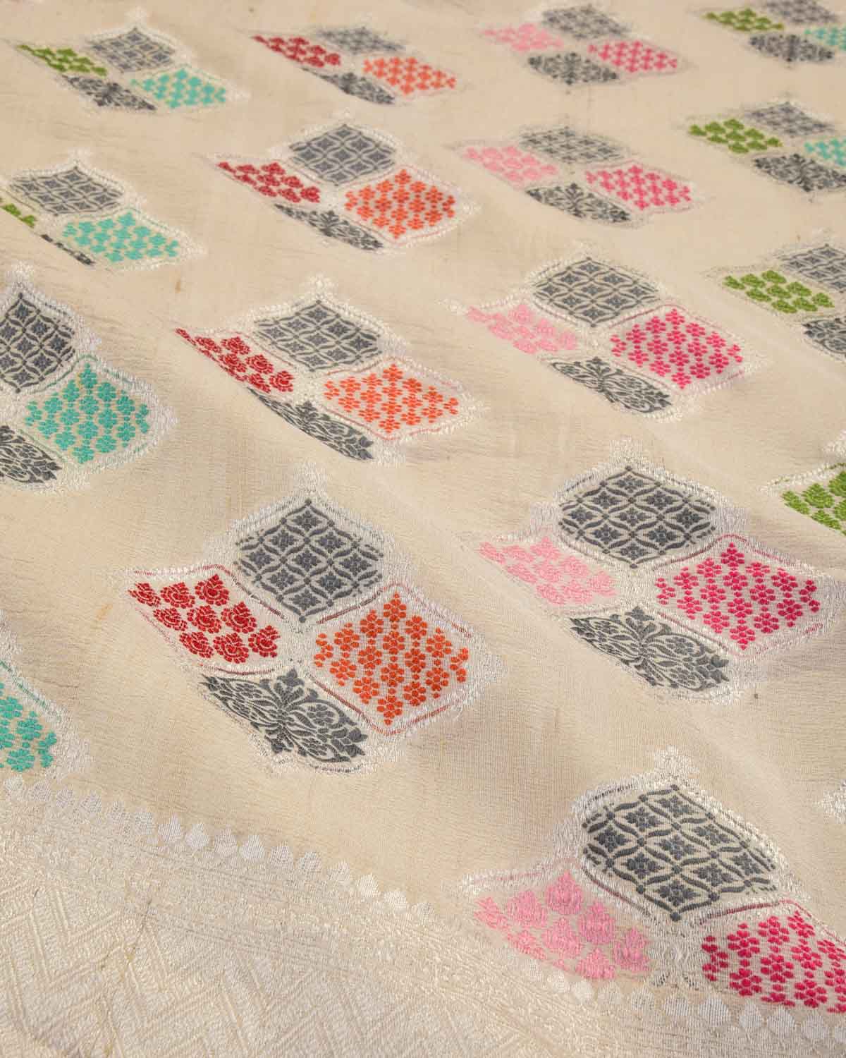 Beige Banarasi Multi-color Ornament Grids Cutwork Brocade Handwoven Tasar Georgette Saree-HolyWeaves