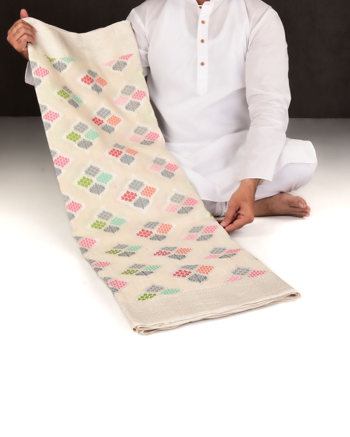 Beige Banarasi Multi-color Ornament Grids Cutwork Brocade Handwoven Tasar Georgette Saree-HolyWeaves