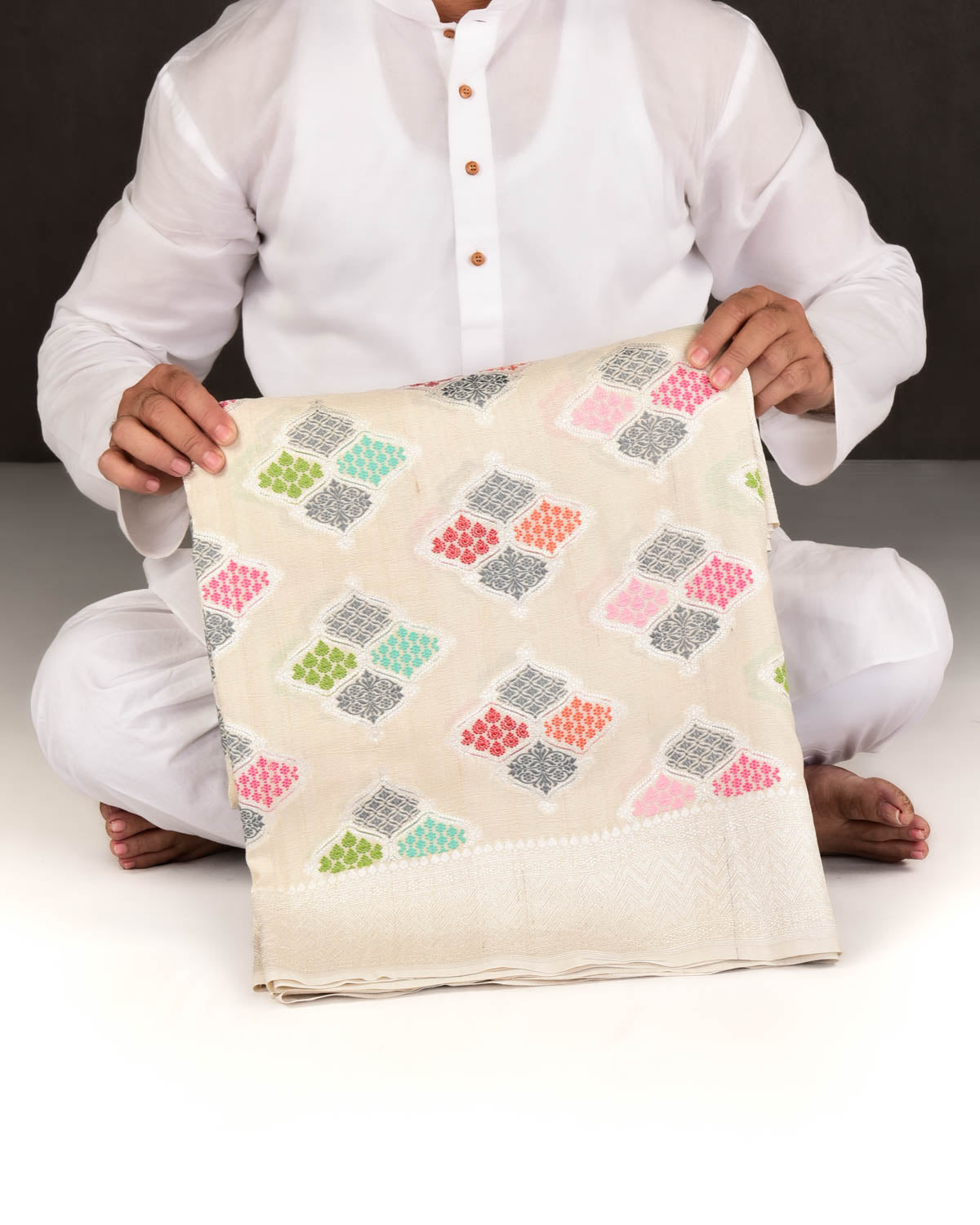 Beige Banarasi Multi-color Ornament Grids Cutwork Brocade Handwoven Tasar Georgette Saree-HolyWeaves