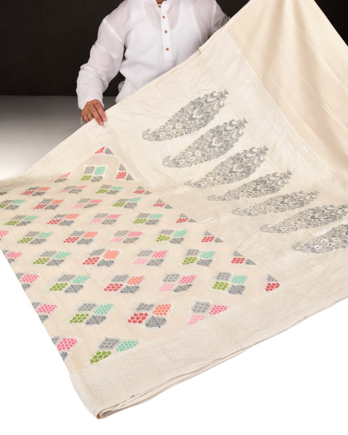 Beige Banarasi Multi-color Ornament Grids Cutwork Brocade Handwoven Tasar Georgette Saree-HolyWeaves