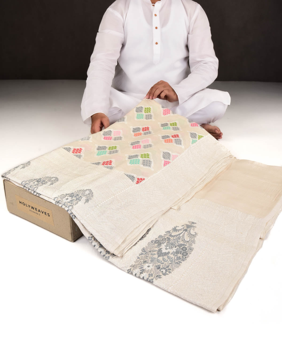 Beige Banarasi Multi-color Ornament Grids Cutwork Brocade Handwoven Tasar Georgette Saree-HolyWeaves