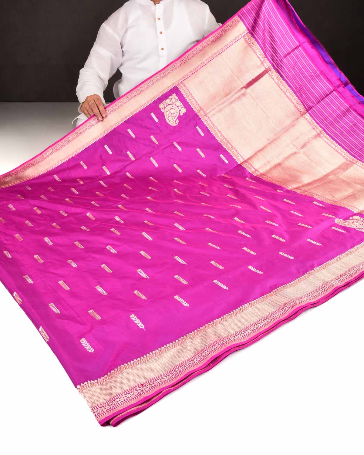 Magenta Banarasi Gold & Silver Zari Alfi Buti Kadhuan Brocade Handwoven Katan Silk Saree-HolyWeaves