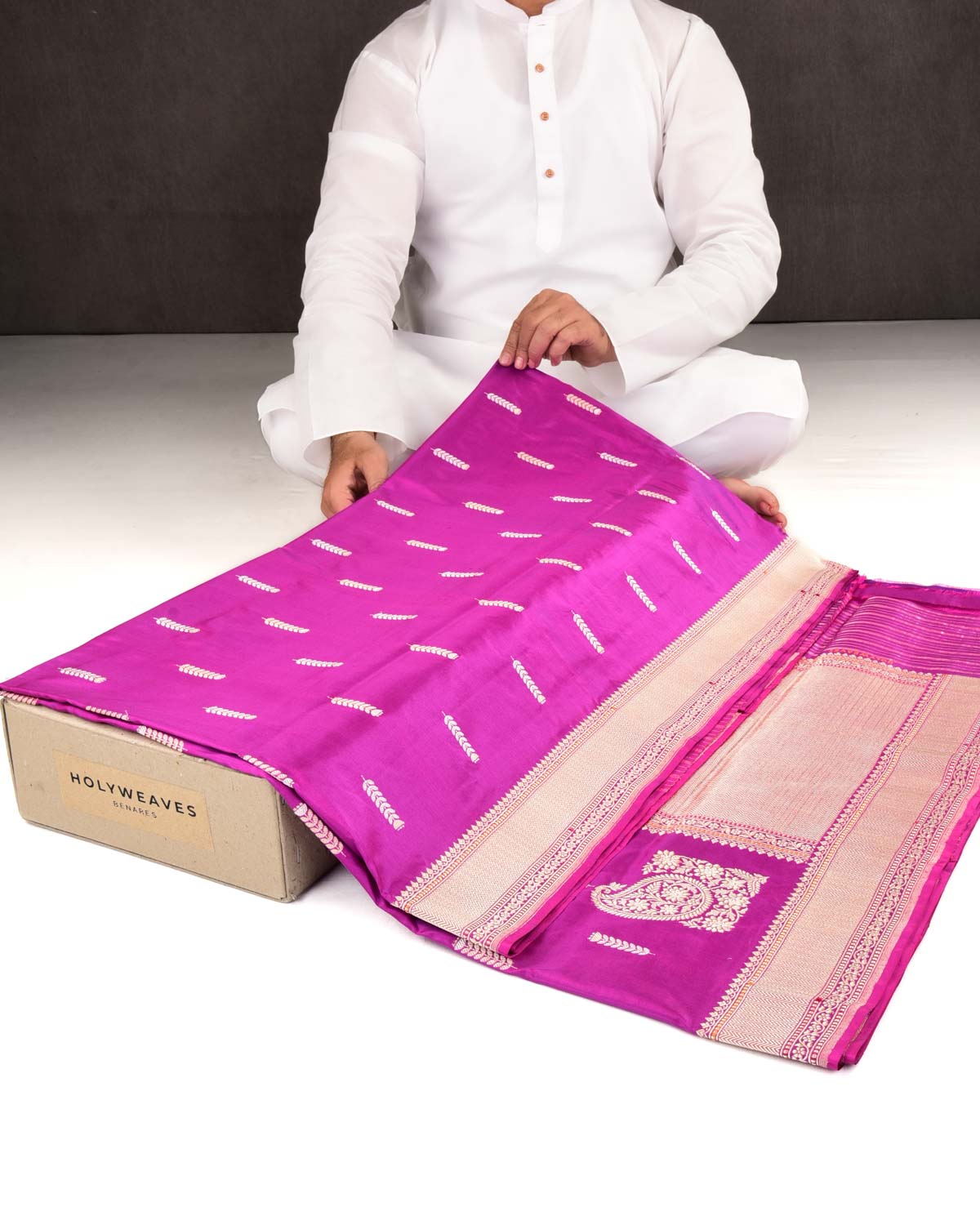 Magenta Banarasi Gold & Silver Zari Alfi Buti Kadhuan Brocade Handwoven Katan Silk Saree-HolyWeaves