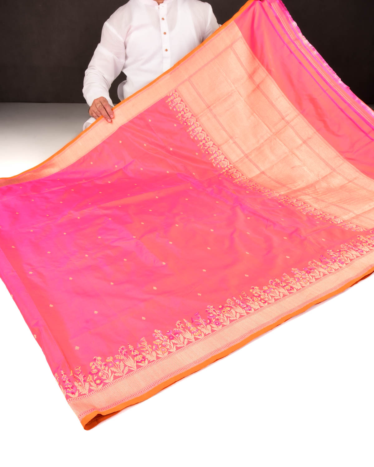 Shot Pink-Orange Banarasi Gold Zari Buti Kadhuan Brocade Handwoven Katan Silk Saree with Tehra Border-HolyWeaves