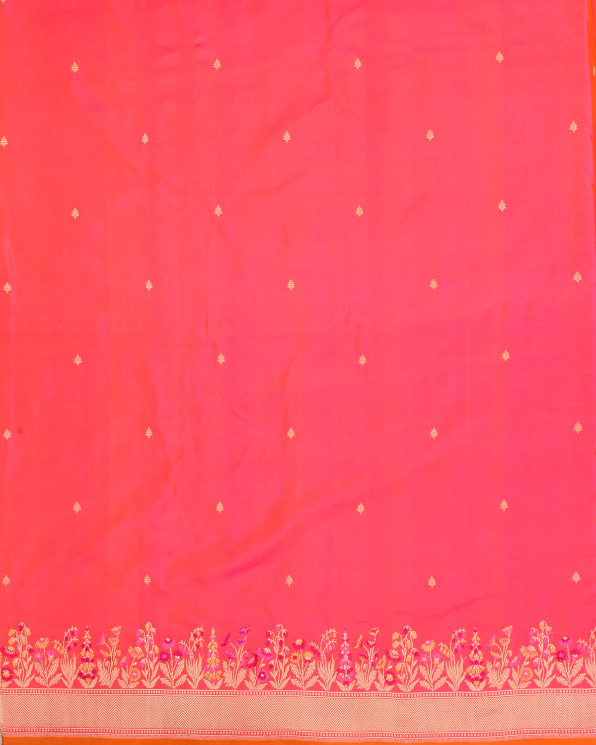 Shot Pink-Orange Banarasi Gold Zari Buti Kadhuan Brocade Handwoven Katan Silk Saree with Tehra Border-HolyWeaves