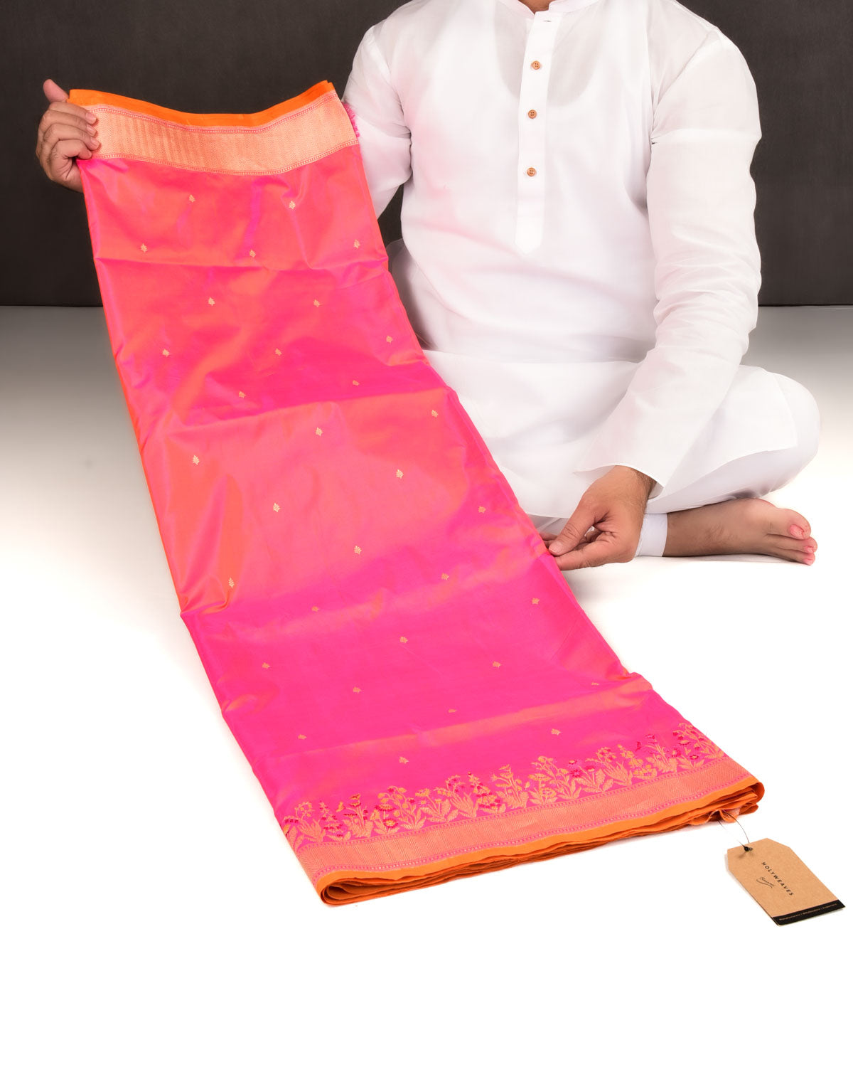 Shot Pink-Orange Banarasi Gold Zari Buti Kadhuan Brocade Handwoven Katan Silk Saree with Tehra Border-HolyWeaves