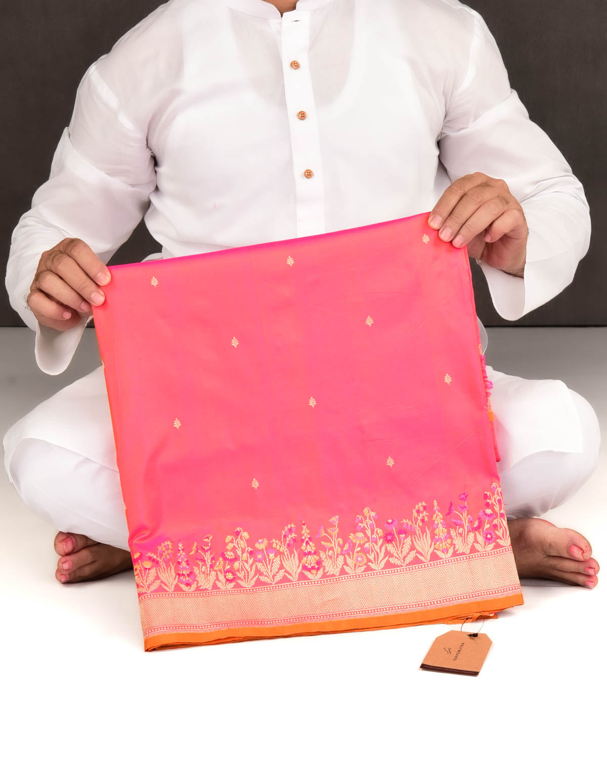 Shot Pink-Orange Banarasi Gold Zari Buti Kadhuan Brocade Handwoven Katan Silk Saree with Tehra Border-HolyWeaves