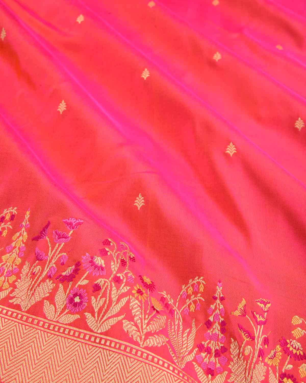 Shot Pink-Orange Banarasi Gold Zari Buti Kadhuan Brocade Handwoven Katan Silk Saree with Tehra Border-HolyWeaves
