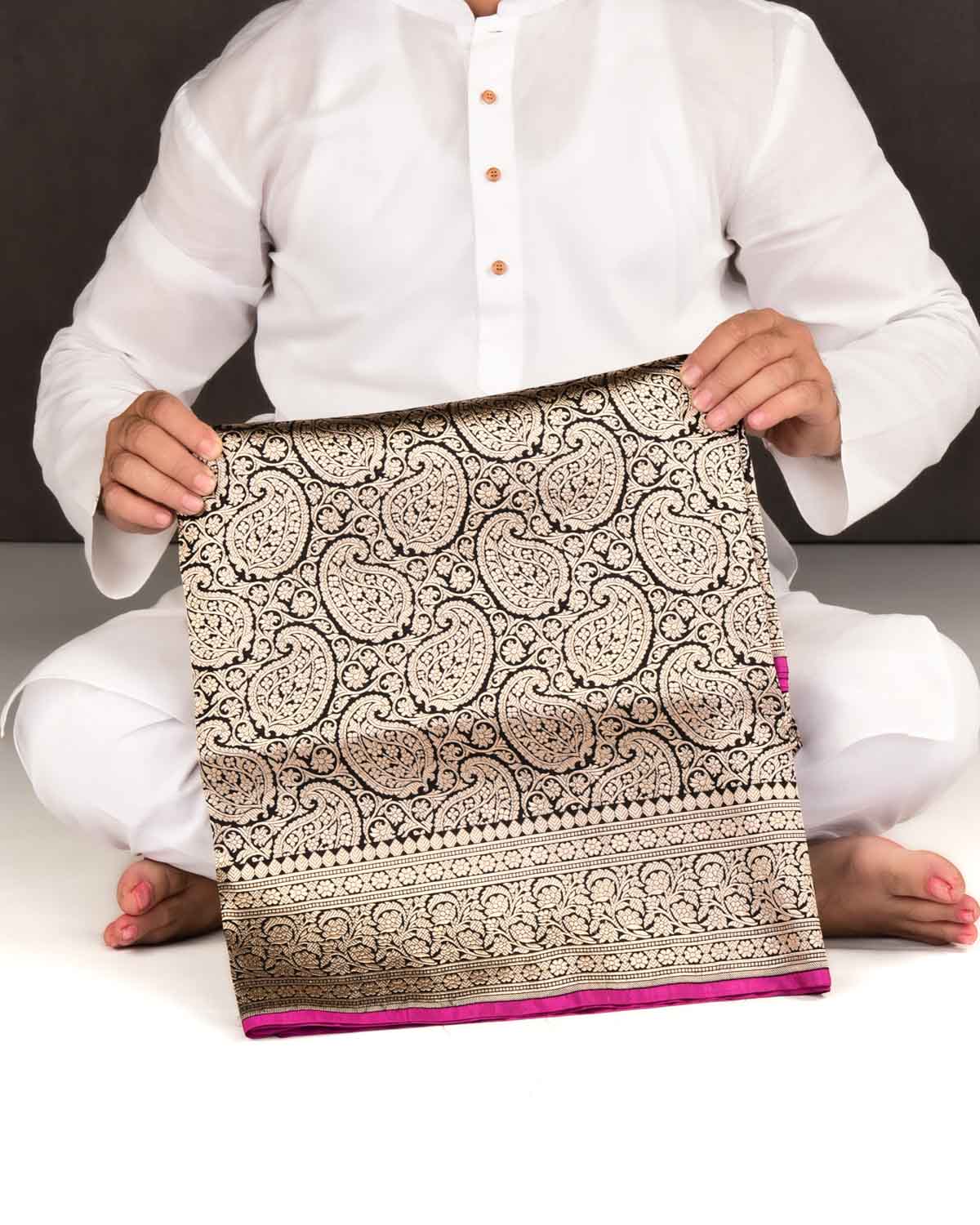 Black Banarasi Gold Zari Paisley Jaal Brocade Handwoven Katan Silk Saree-HolyWeaves