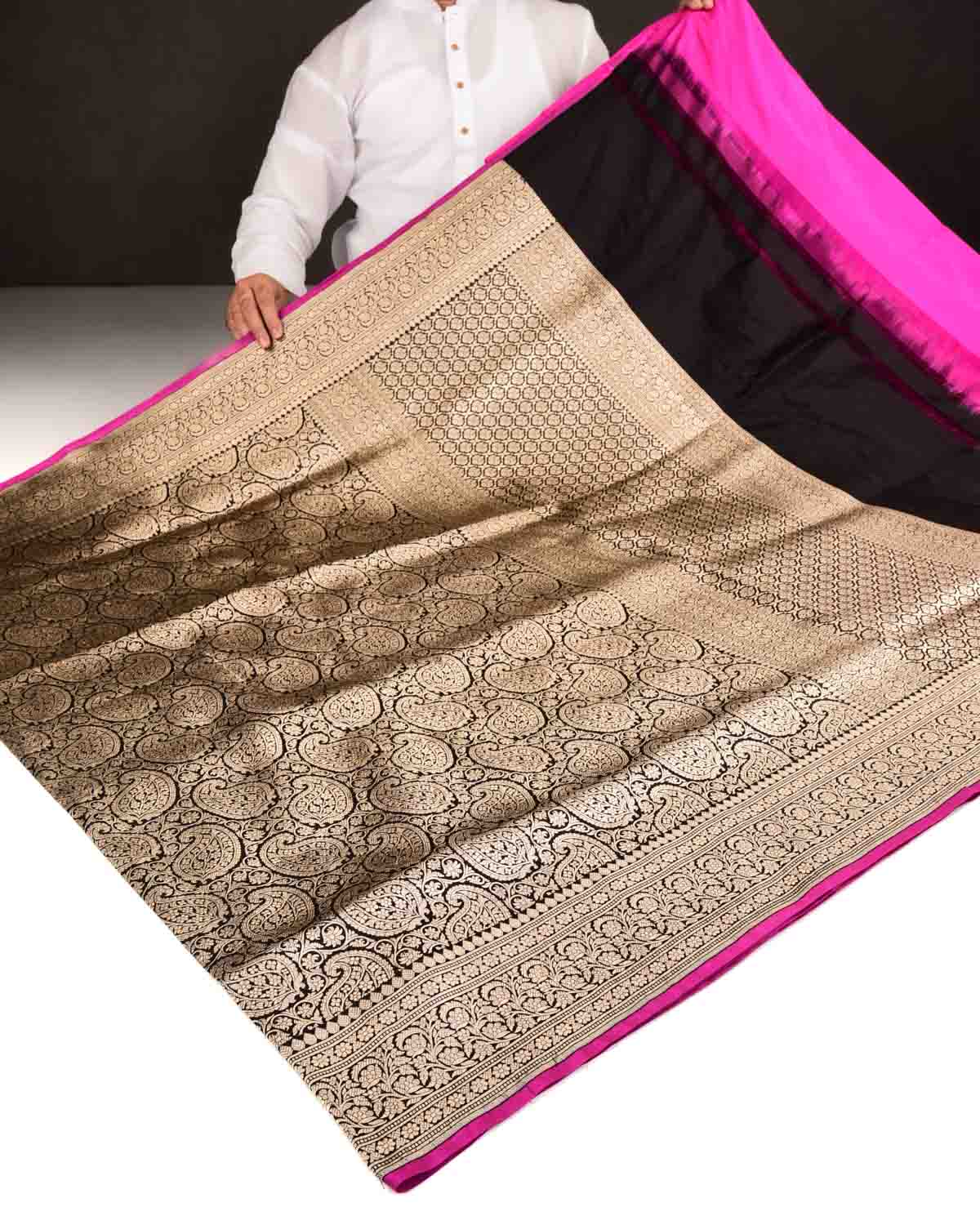 Black Banarasi Gold Zari Paisley Jaal Brocade Handwoven Katan Silk Saree-HolyWeaves