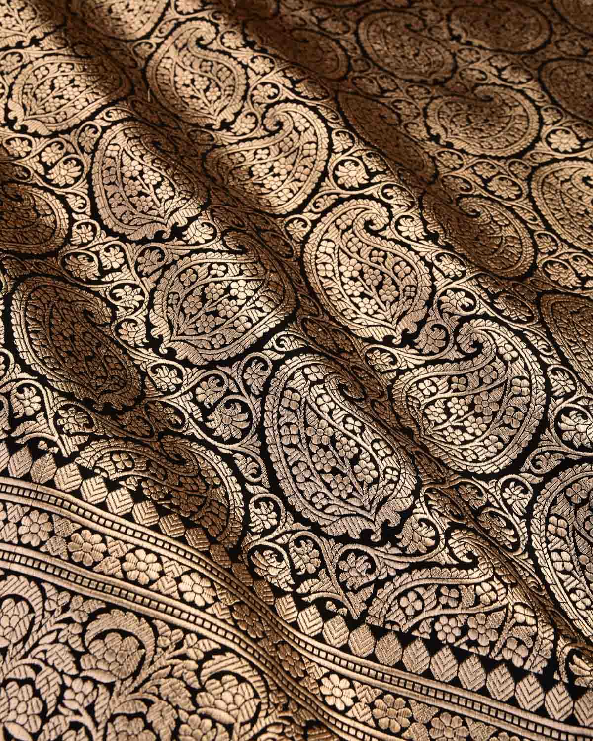 Black Banarasi Gold Zari Paisley Jaal Brocade Handwoven Katan Silk Saree-HolyWeaves