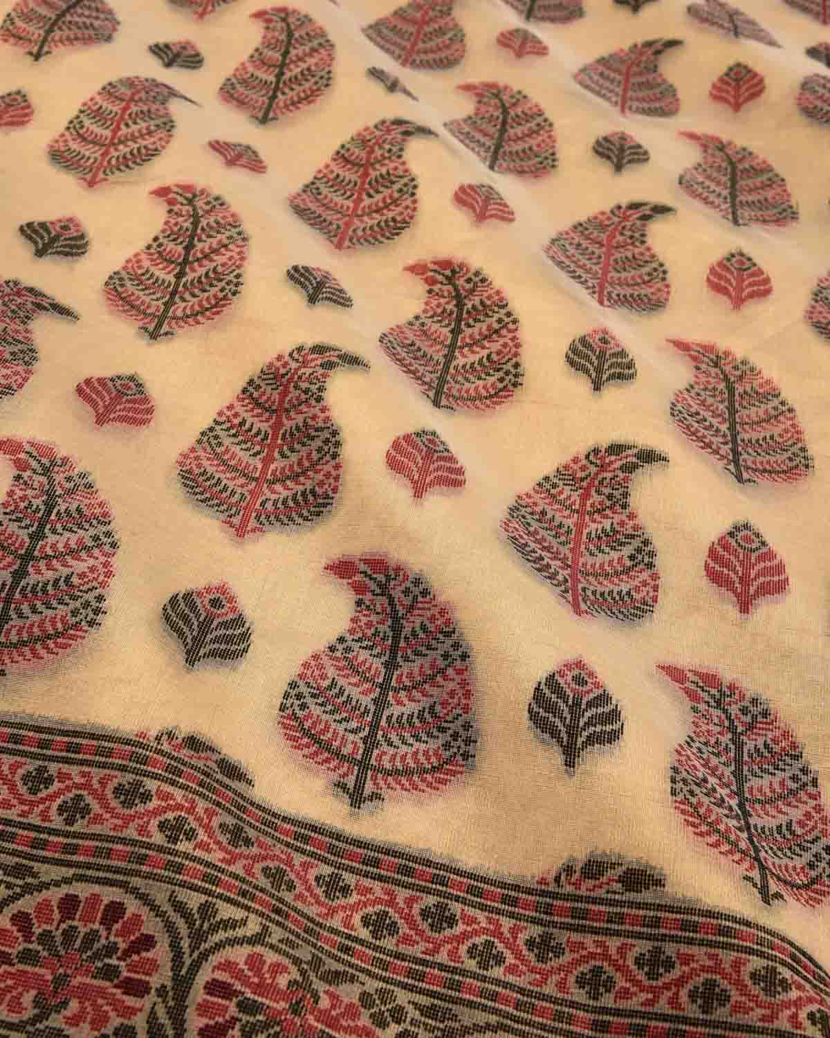 Metallic Beige Banarasi Red & Black Paisley Leaf Buta Cutwork Brocade Woven Cotton Tissue Saree-HolyWeaves