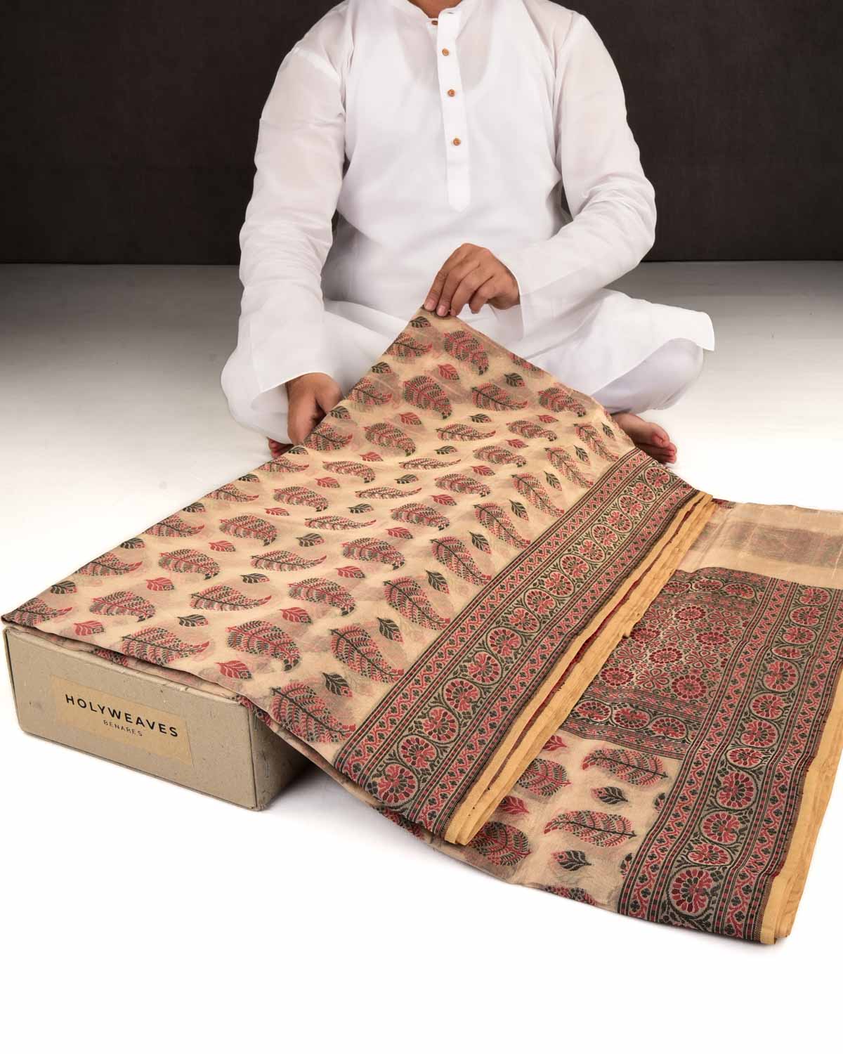 Metallic Beige Banarasi Red & Black Paisley Leaf Buta Cutwork Brocade Woven Cotton Tissue Saree-HolyWeaves