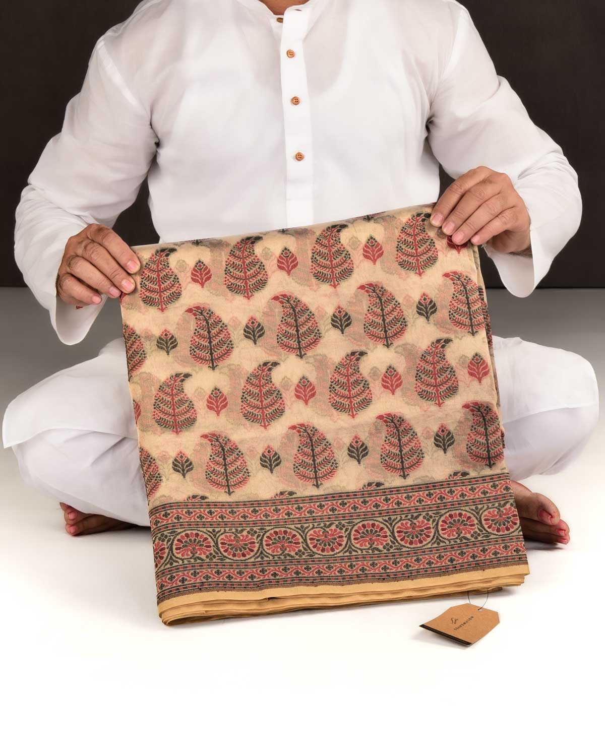 Metallic Beige Banarasi Red & Black Paisley Leaf Buta Cutwork Brocade Woven Cotton Tissue Saree-HolyWeaves