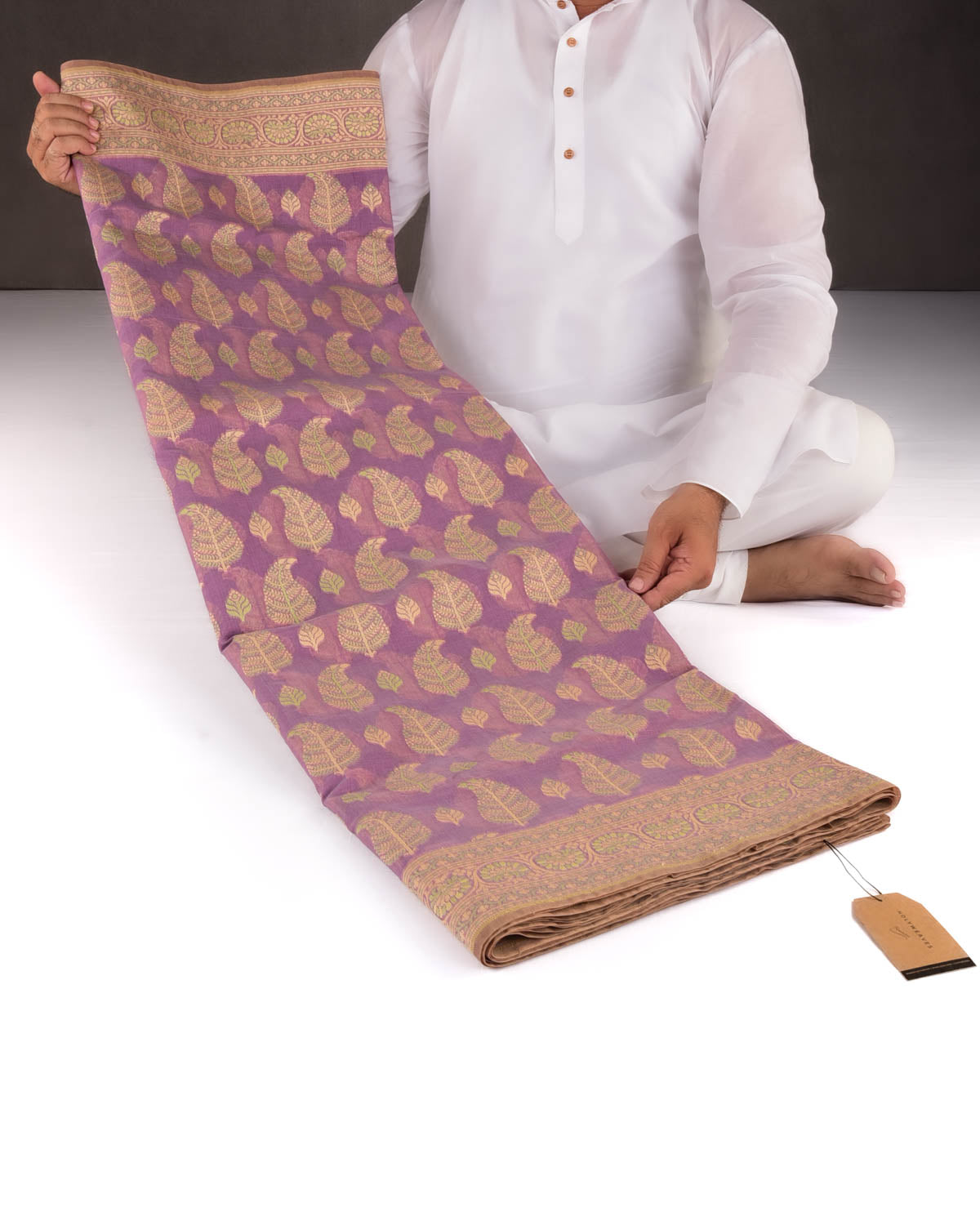 Mauve Banarasi Paisley Leaf Buta Cutwork Brocade Woven Art Cotton Silk Saree-HolyWeaves