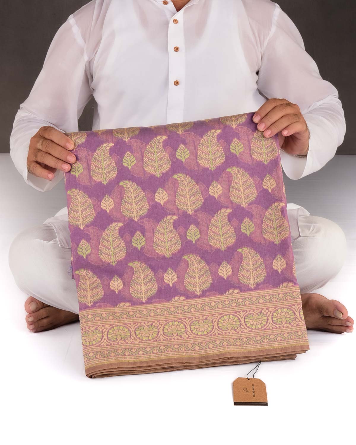 Mauve Banarasi Paisley Leaf Buta Cutwork Brocade Woven Art Cotton Silk Saree-HolyWeaves