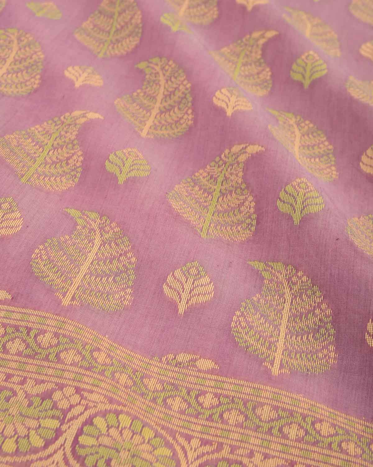 Mauve Banarasi Paisley Leaf Buta Cutwork Brocade Woven Art Cotton Silk Saree-HolyWeaves