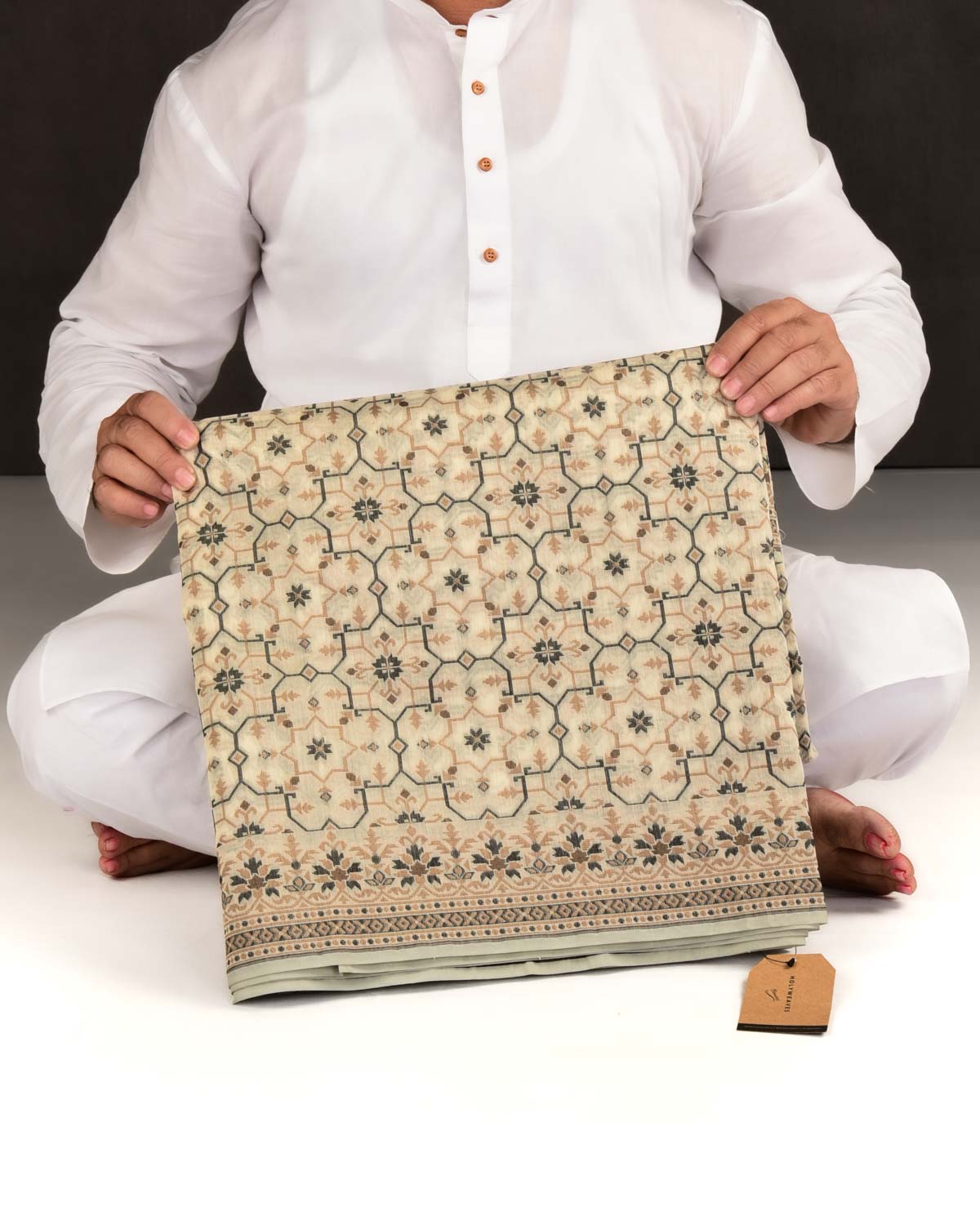 Beige Banarasi Resham Jamdani Mosaic Cutwork Brocade Woven Art Cotton Silk Saree-HolyWeaves