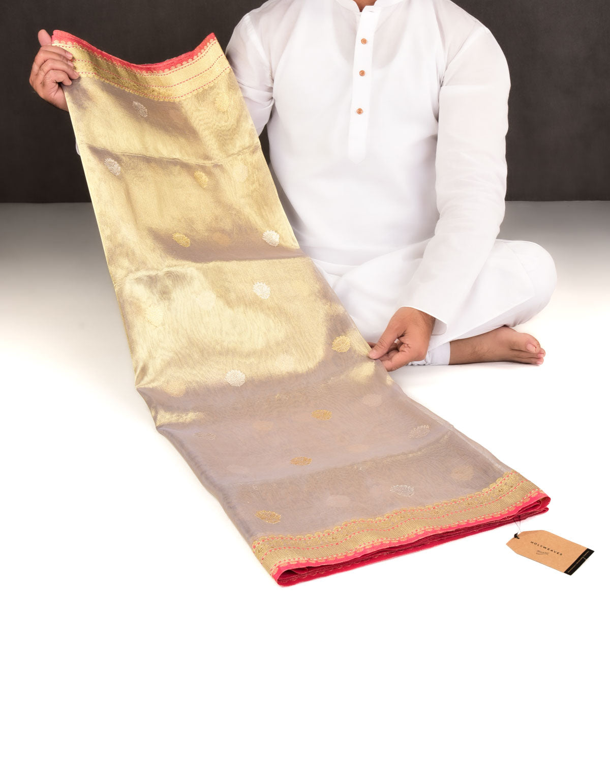 Metallic Green Banarasi Gold & Silver Zari Buti Kadhuan Brocade Handwoven Kora Tissue Saree with Doria Border-HolyWeaves