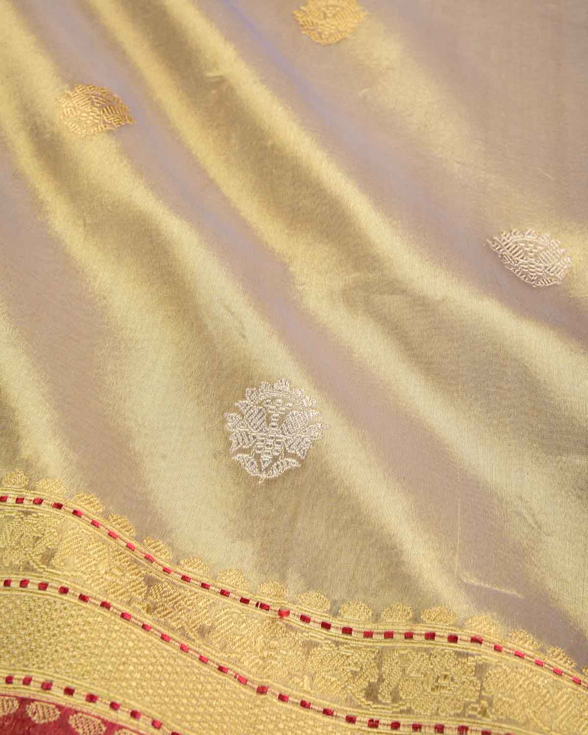 Metallic Green Banarasi Gold & Silver Zari Buti Kadhuan Brocade Handwoven Kora Tissue Saree with Doria Border-HolyWeaves