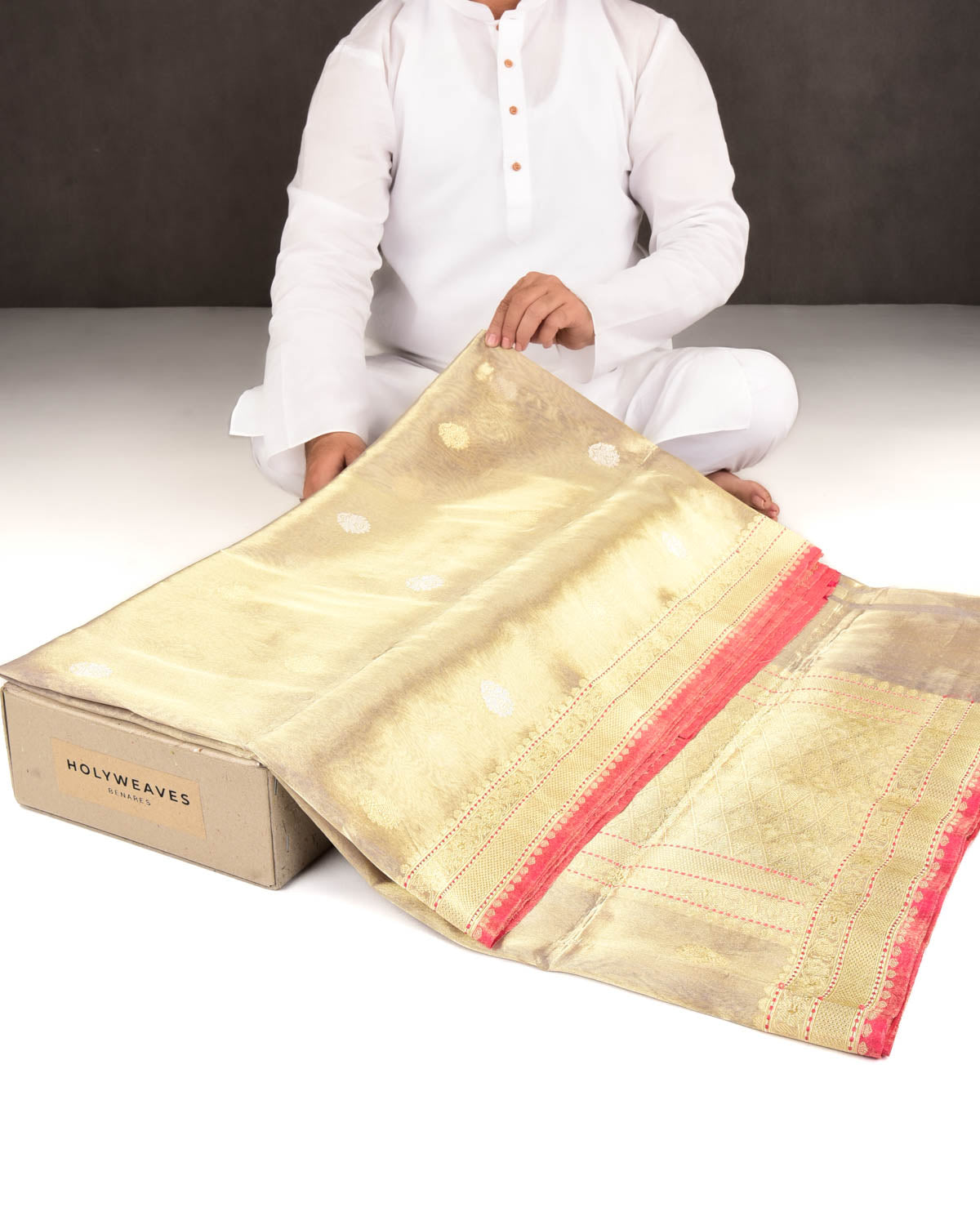 Metallic Green Banarasi Gold & Silver Zari Buti Kadhuan Brocade Handwoven Kora Tissue Saree with Doria Border-HolyWeaves