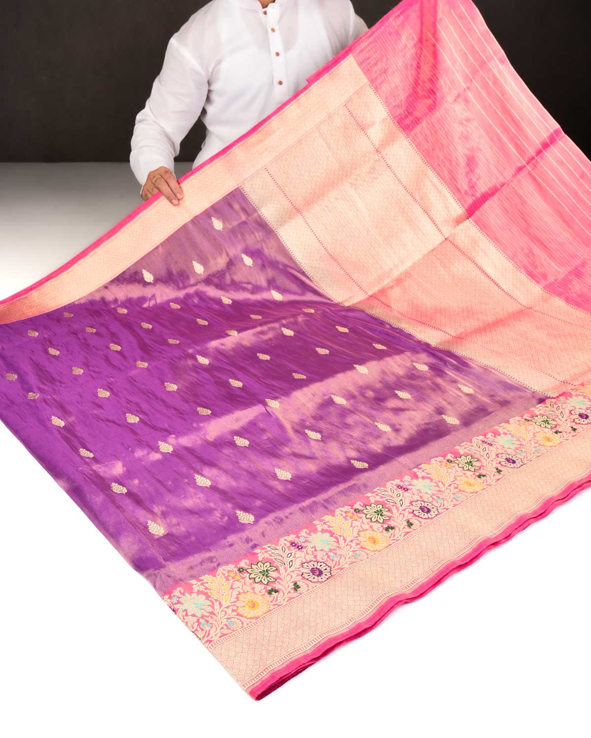 Metallic Mauve Banarasi Gold Zari Buti Kadhuan Brocade Handwoven Katan Tissue Saree with Meenekari Border-HolyWeaves