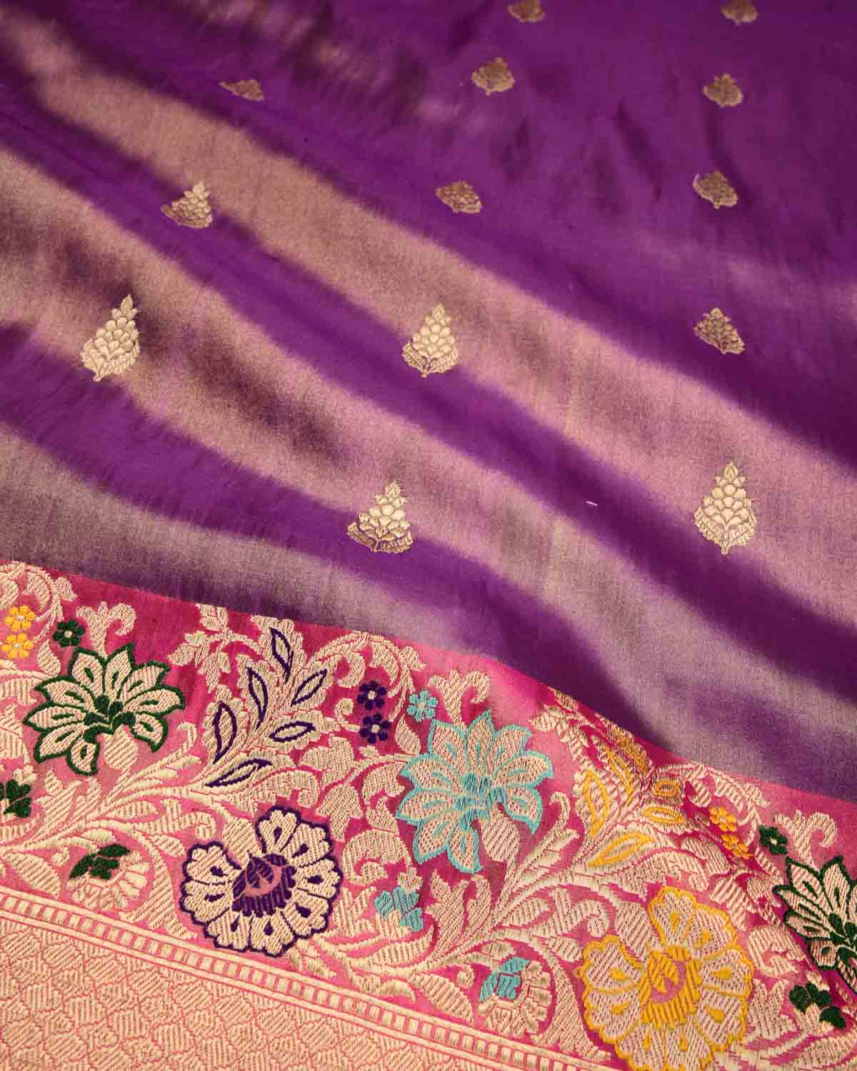 Metallic Mauve Banarasi Gold Zari Buti Kadhuan Brocade Handwoven Katan Tissue Saree with Meenekari Border-HolyWeaves