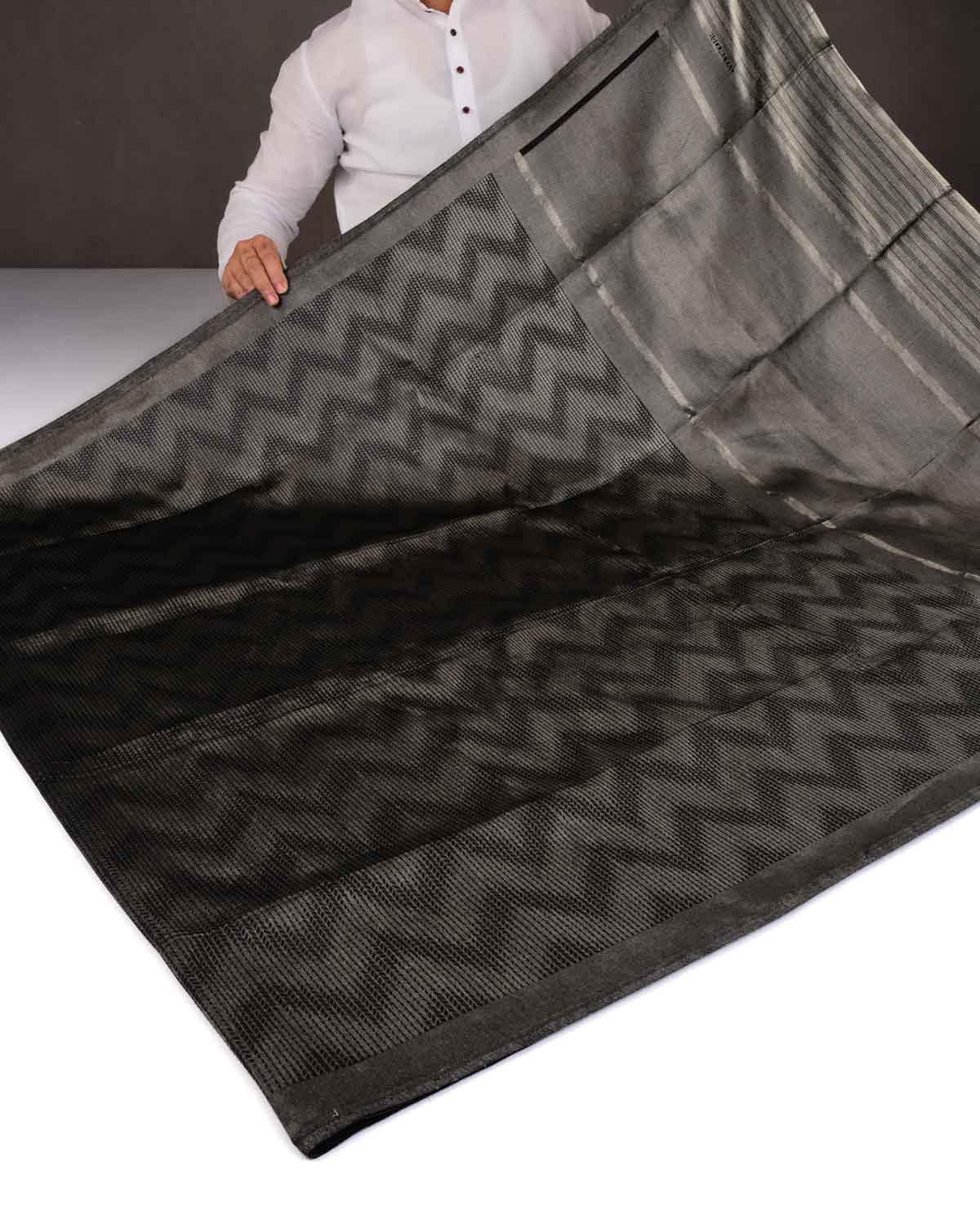 Metallic Cocktail Black Banarasi Herring Bone Chevron Resham Tanchoi Brocade Handwoven Katan Silk Saree-HolyWeaves