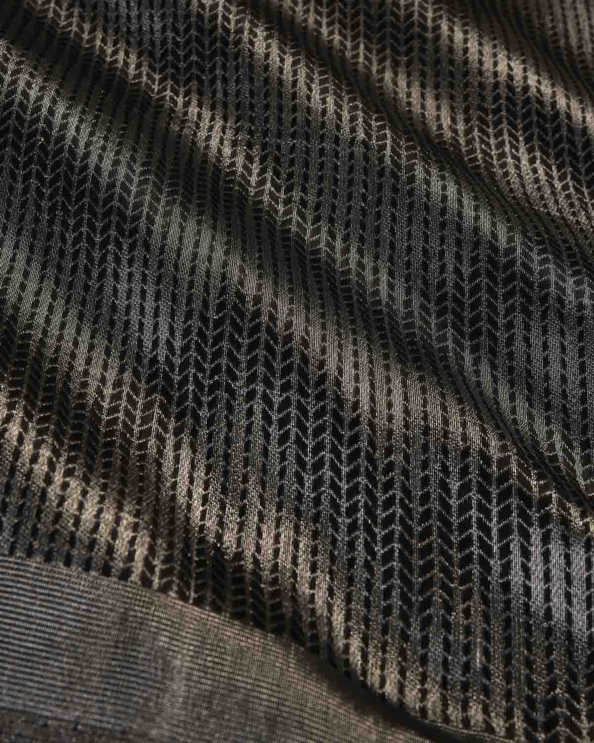 Metallic Cocktail Black Banarasi Herring Bone Chevron Resham Tanchoi Brocade Handwoven Katan Silk Saree-HolyWeaves