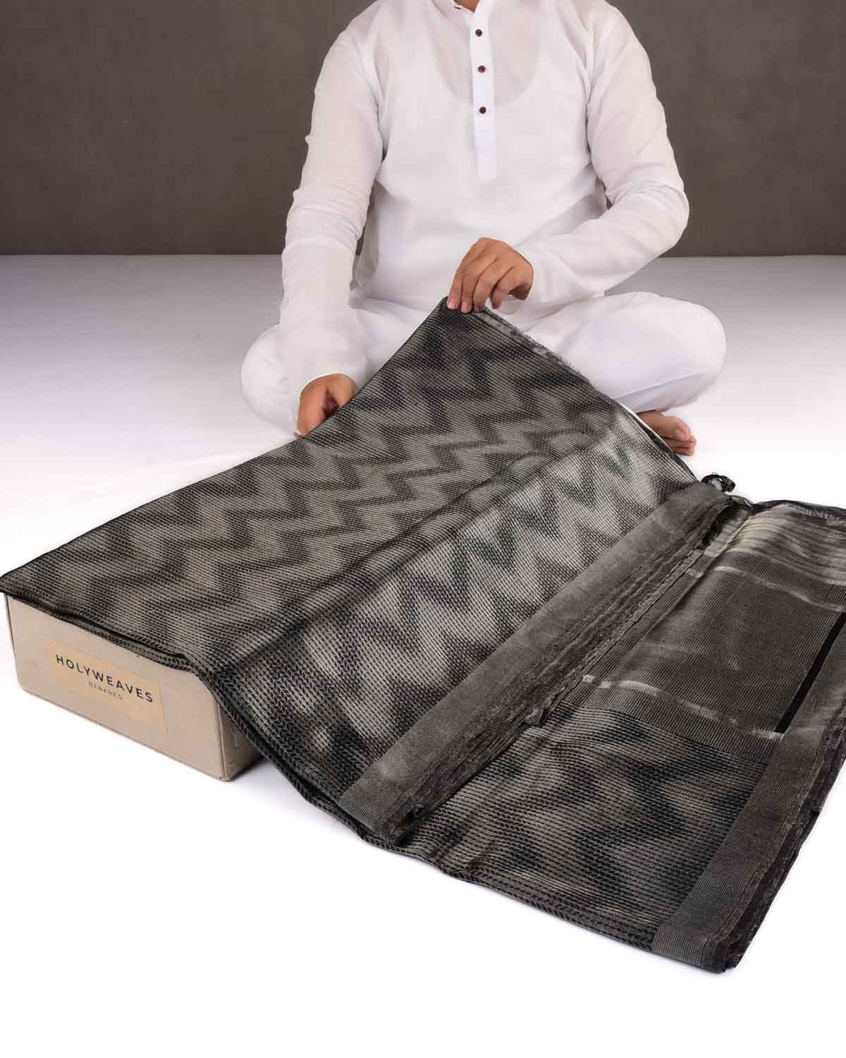 Metallic Cocktail Black Banarasi Herring Bone Chevron Resham Tanchoi Brocade Handwoven Katan Silk Saree-HolyWeaves