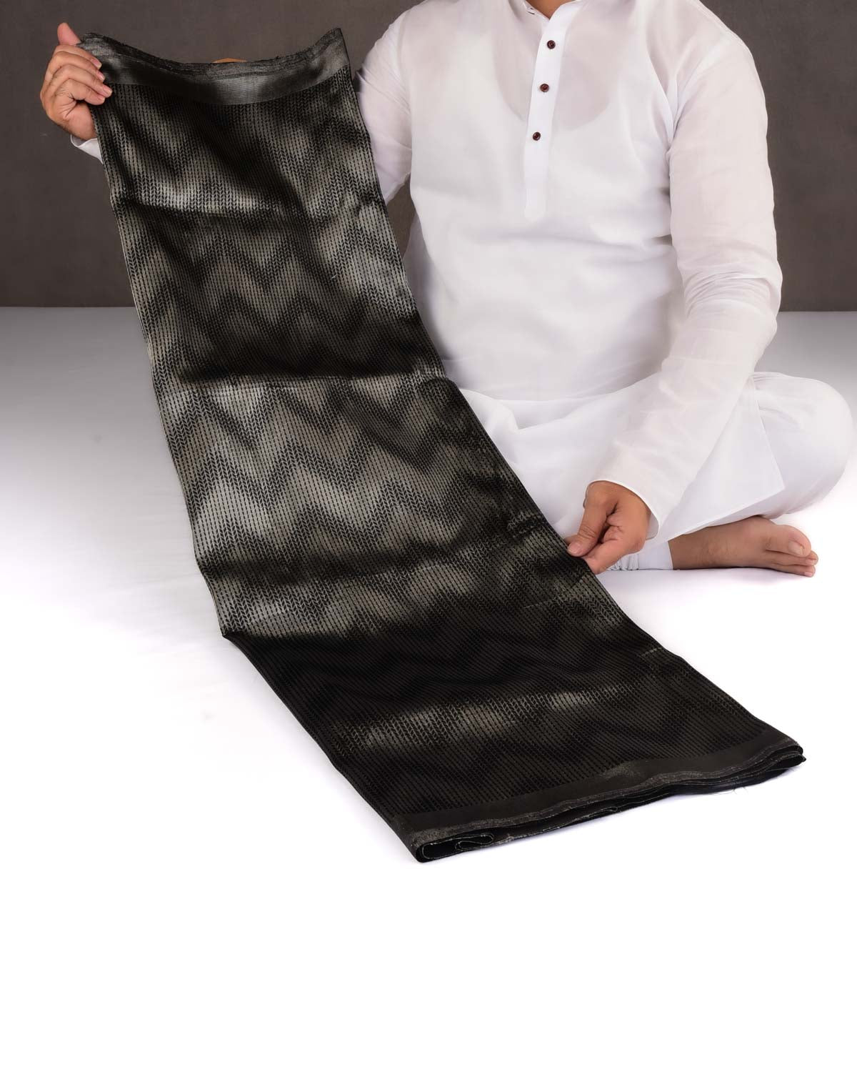 Metallic Cocktail Black Banarasi Herring Bone Chevron Resham Tanchoi Brocade Handwoven Katan Silk Saree-HolyWeaves